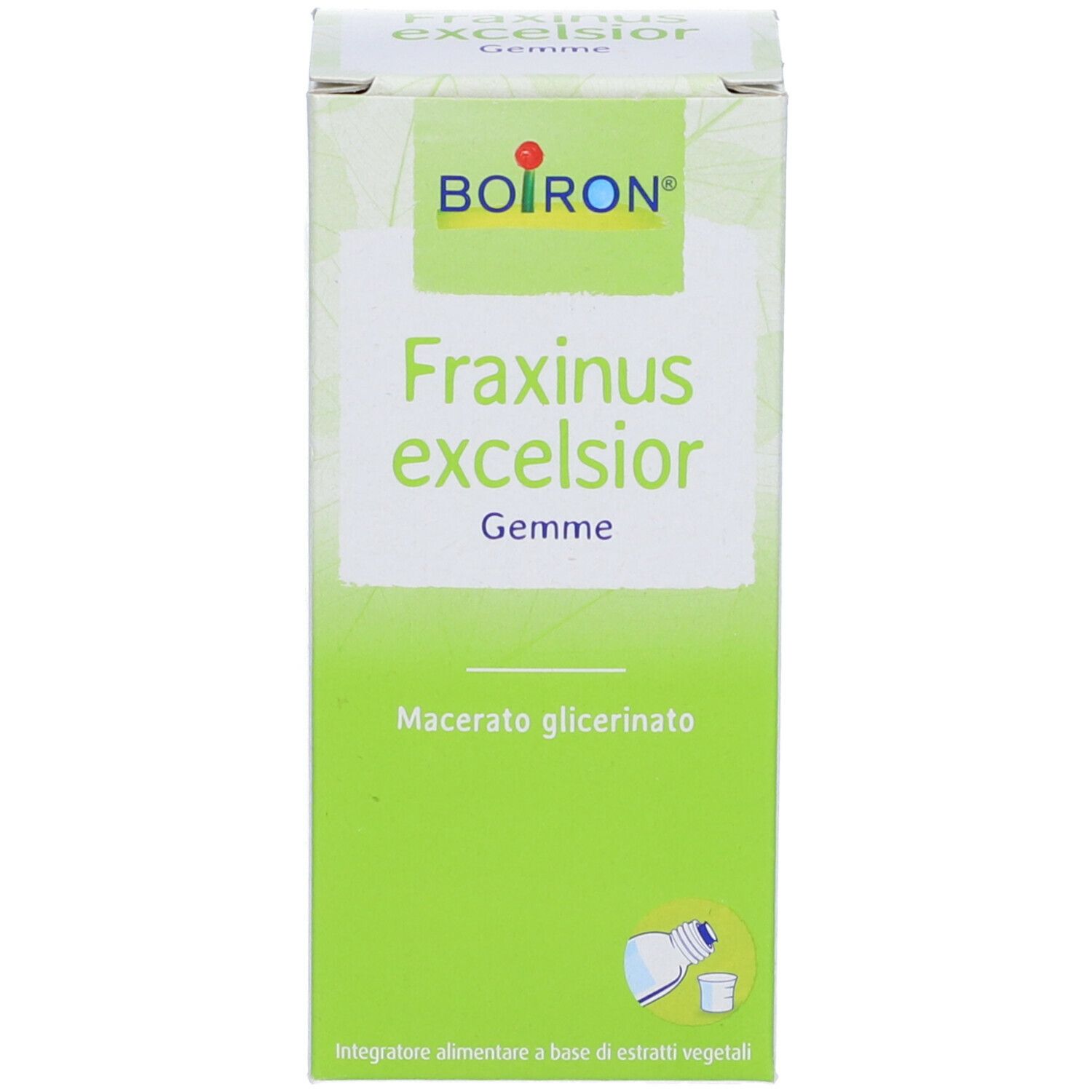 Scatola verde con testo bianco. La scatola indica BOIRON Fraxinus excelsior Gemme.