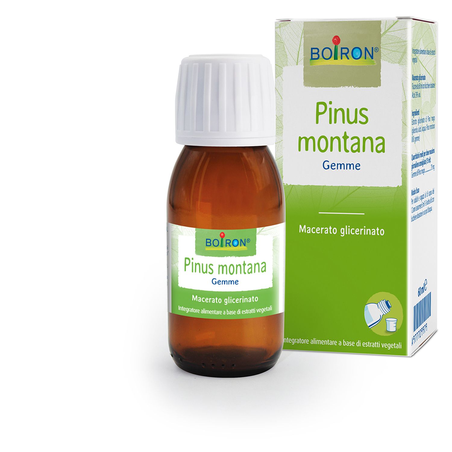 Flacone di vetro marrone e scatola. Scritta: BOIRON Pinus montana Gemme. Macerato glicerinato. Flacone con tappo bianco.