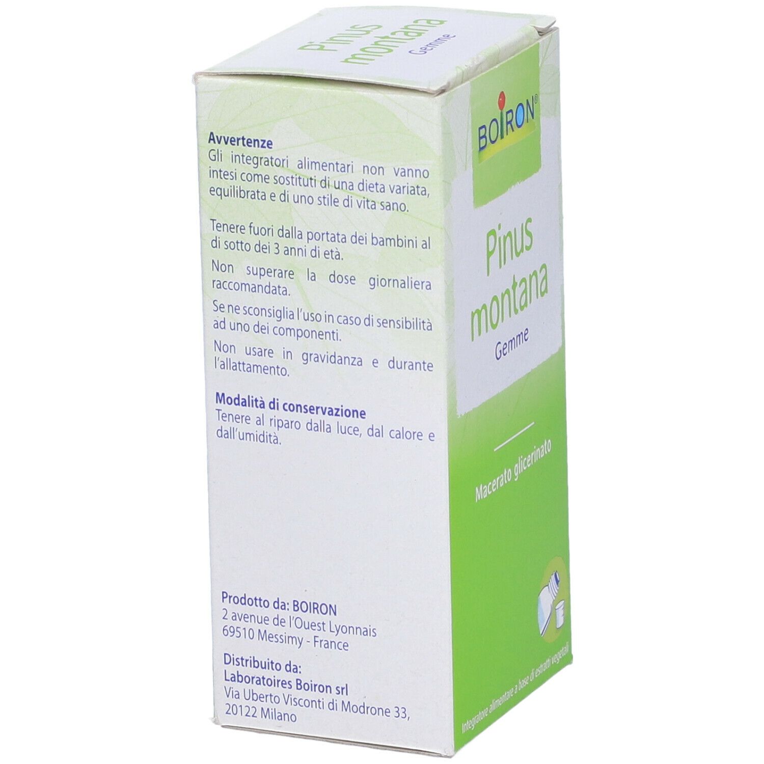 Scatola con scritta: BOIRON Pinus montana Gemme. Macerato glicerinato. Contiene avvertenze e istruzioni di conservazione.