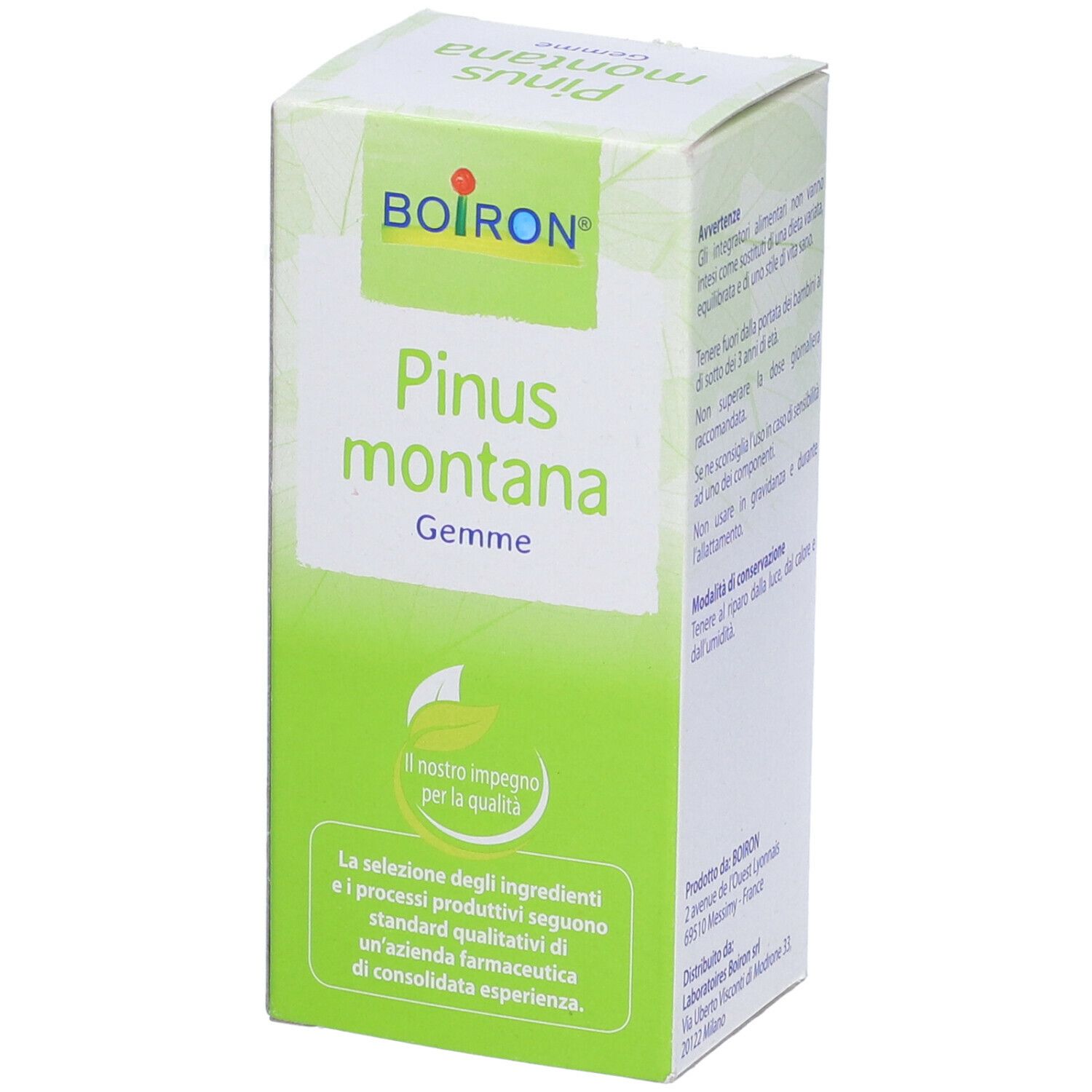 Scatola con scritta: BOIRON Pinus montana Gemme. Macerato glicerinato. Contiene informazioni sulla qualità e la produzione.