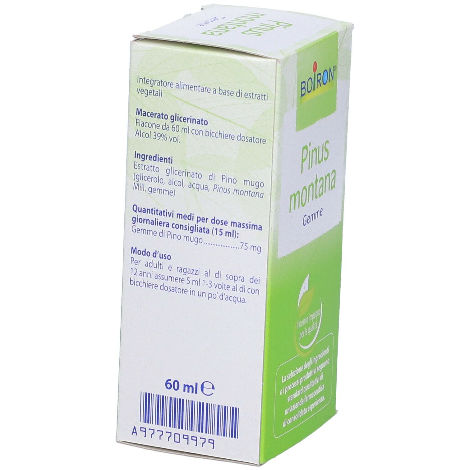Scatola con scritta: BOIRON Pinus montana Gemme. Macerato glicerinato. Contiene informazioni sugli ingredienti e l'uso.