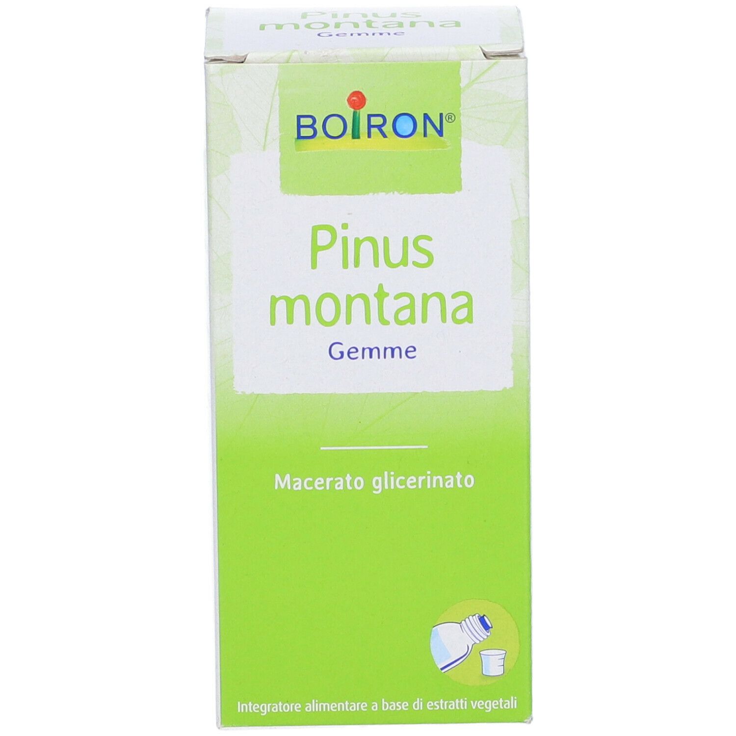 Scatola con scritta: BOIRON Pinus montana Gemme. Macerato glicerinato. Colori verde e bianco. Contiene 60 ml.