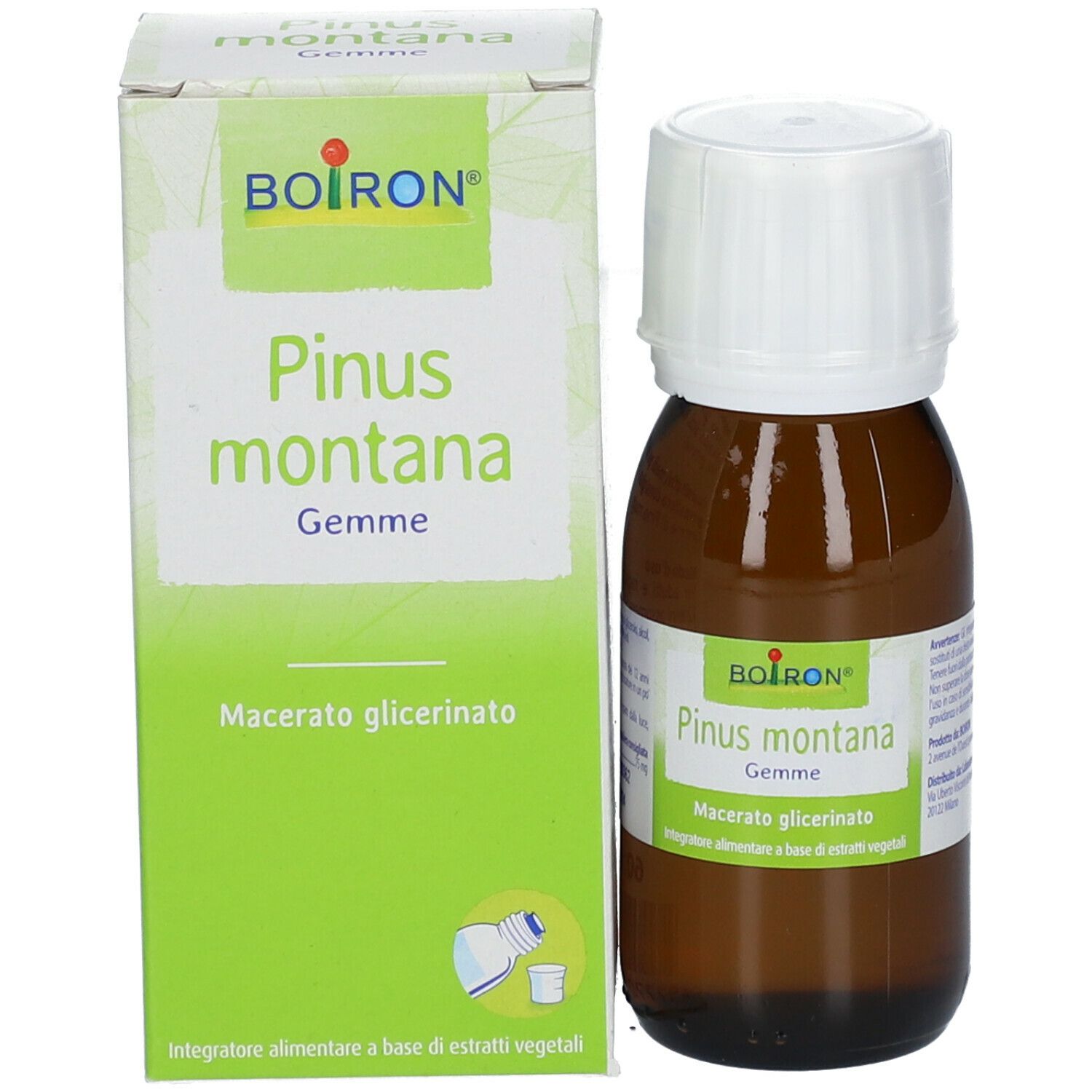 Flacone di vetro marrone e scatola. Scritta: BOIRON Pinus montana Gemme. Macerato glicerinato. Flacone con tappo bianco.