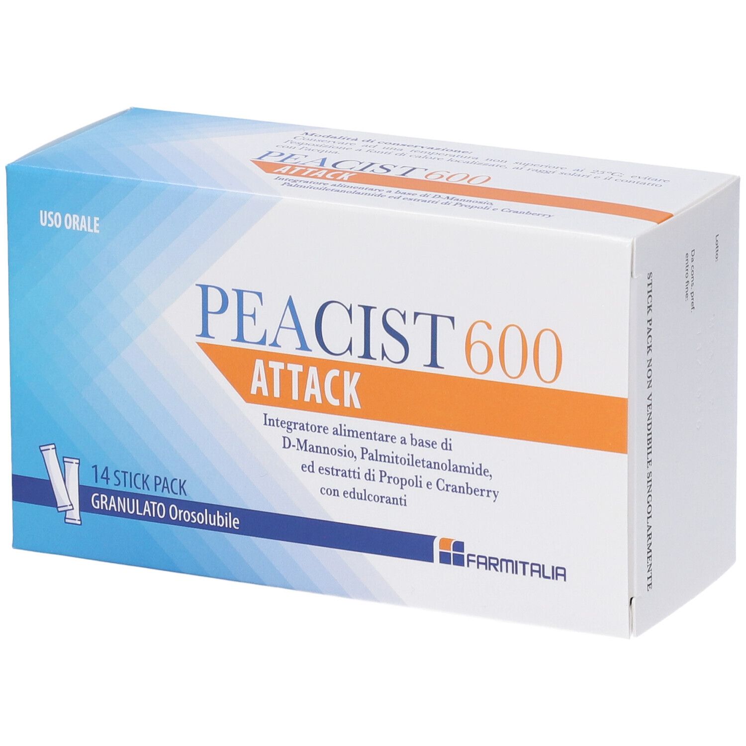 Scatola di Peacist 600 Attack. 14 stick pack. Granulato orosolubile. Marchio Farmitalia. Confezione blu e bianca.