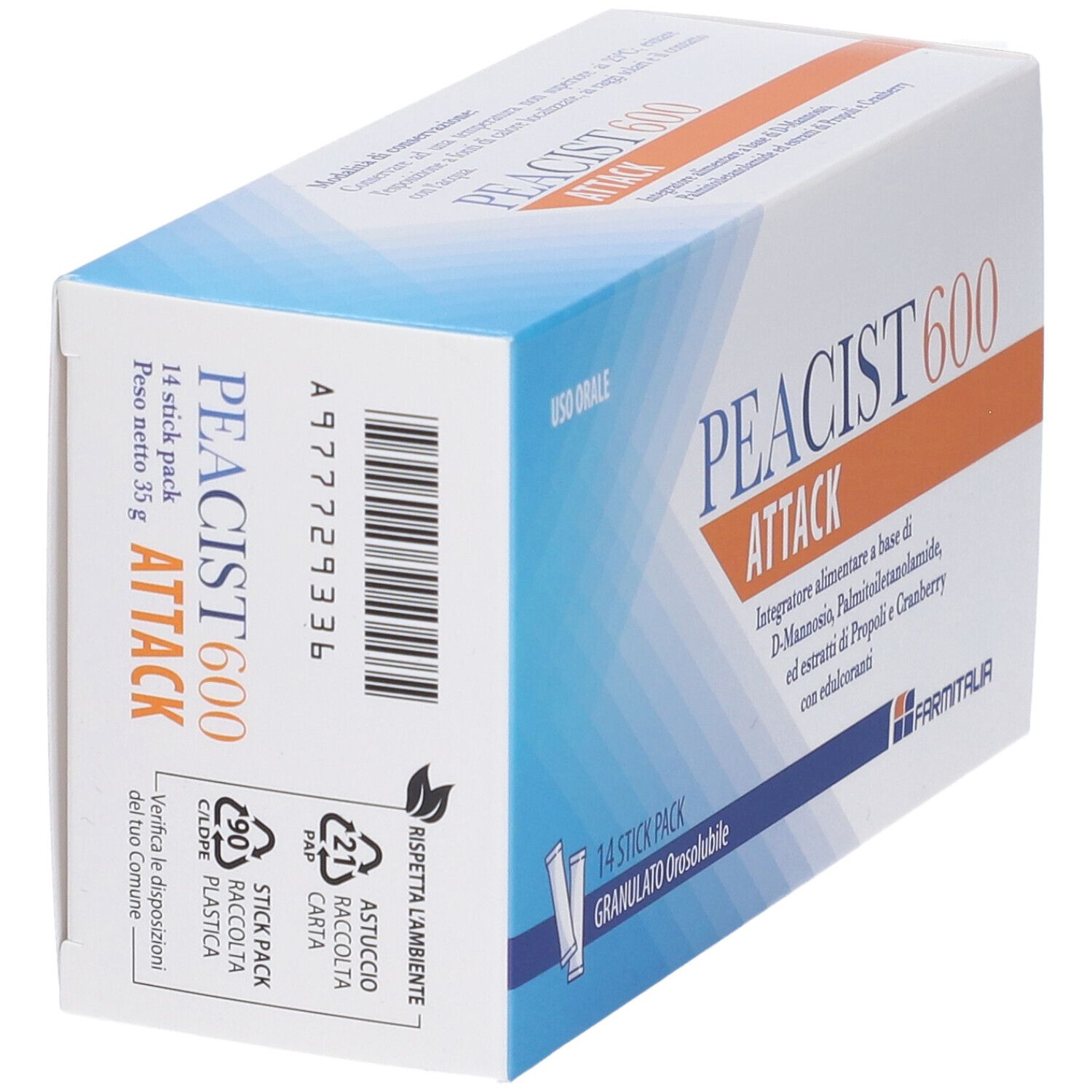 Confezione di Peacist 600 Attack. 14 stick pack. Codice a barre e simboli di riciclaggio. Marchio Farmitalia. Confezione blu e bianca.
