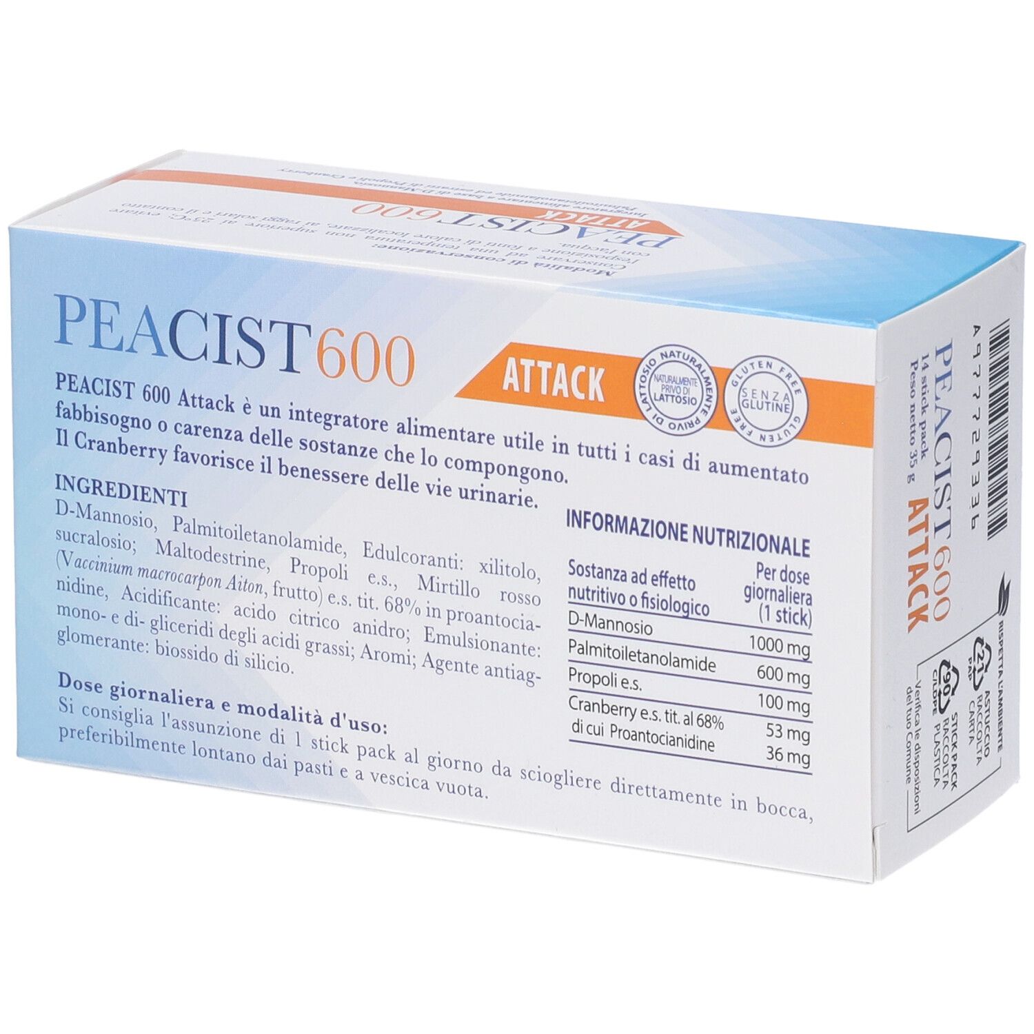Confezione di Peacist 600 Attack. Ingredienti e informazioni nutrizionali. Sigillo senza glutine. Marchio Farmitalia. Confezione blu e bianca.