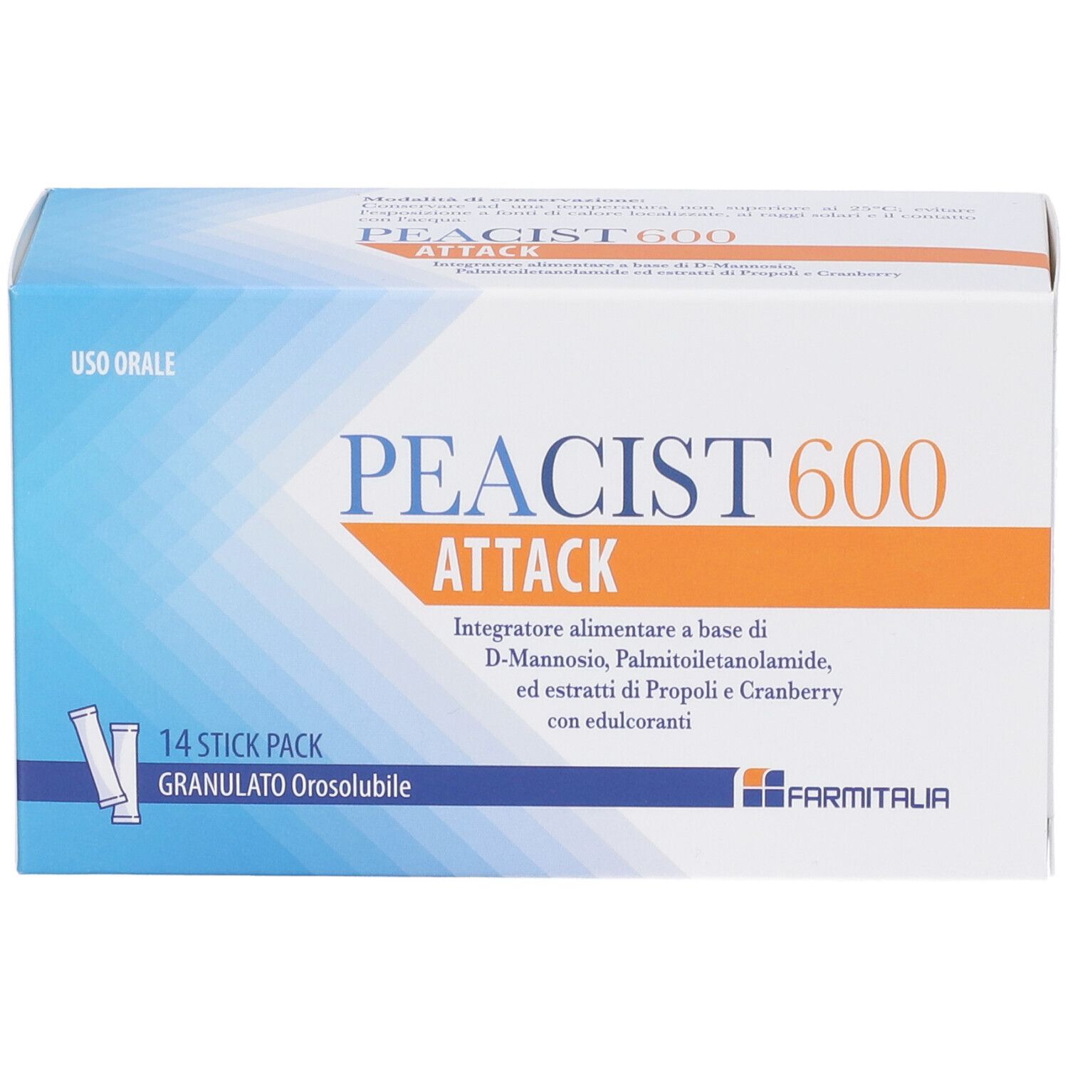 Scatola di Peacist 600 Attack. 14 stick pack. Granulato orosolubile. Marchio Farmitalia. Confezione blu e bianca.
