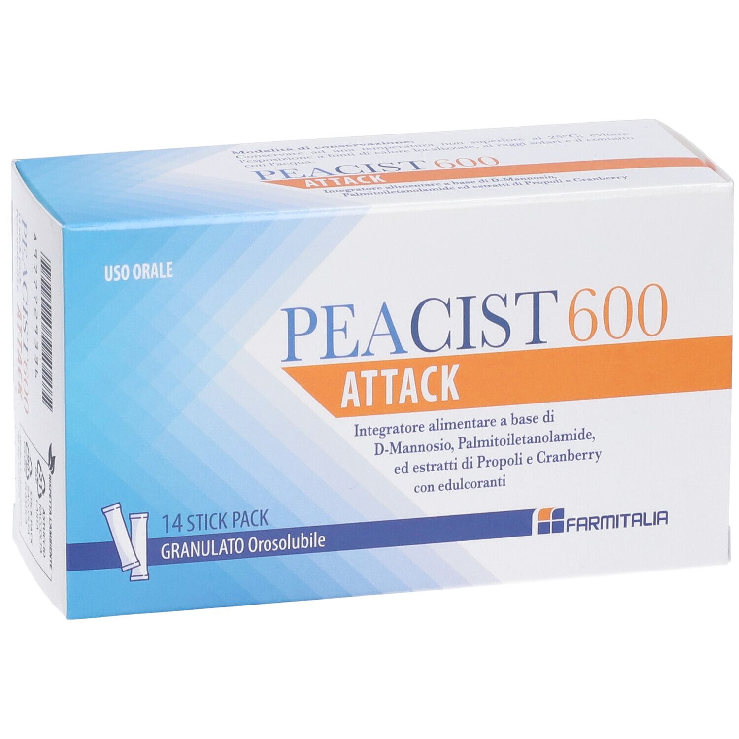 Scatola di Peacist 600 Attack. 14 stick pack. Granulato orosolubile. Marchio Farmitalia. Confezione blu e bianca.