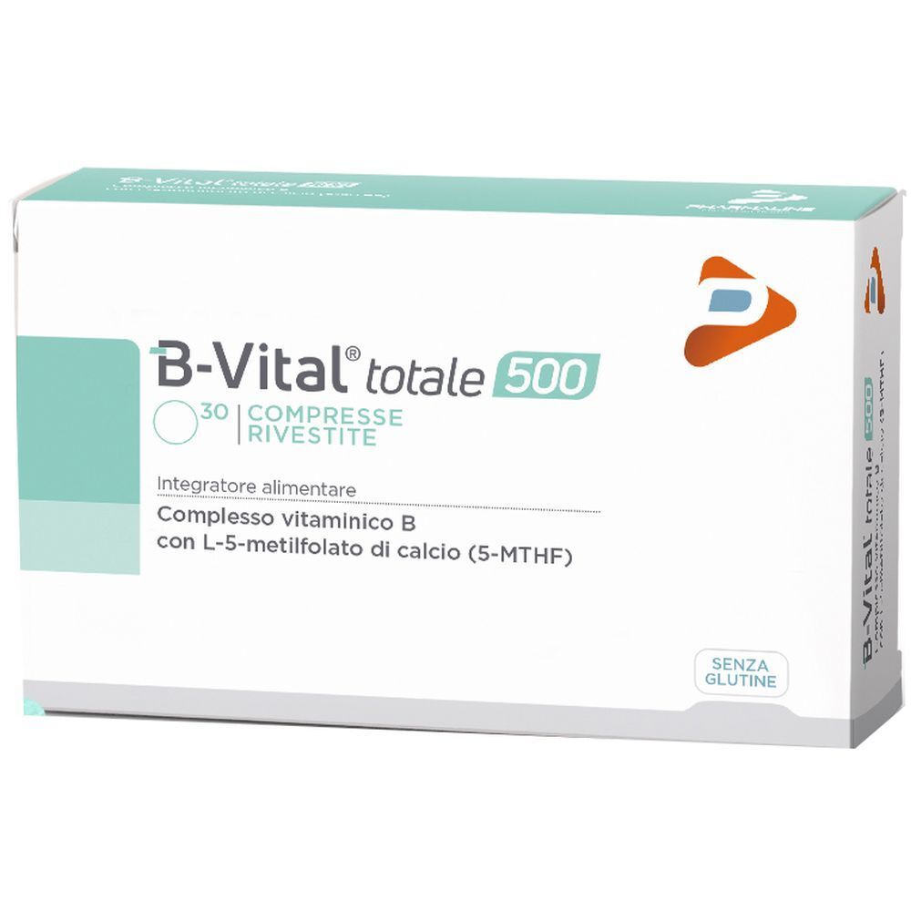 Confezione di B-VITAL totale 500. Contiene 30 compresse. Scritta: Integratore alimentare, Compresso vitaminico B.