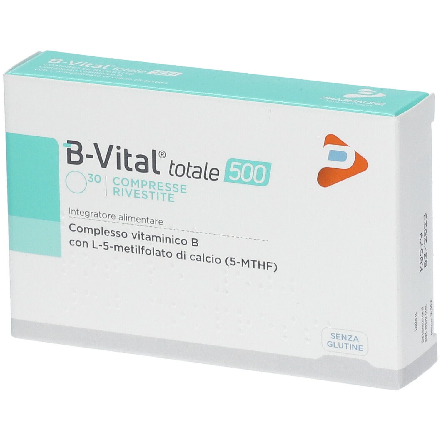 Confezione di B-VITAL totale 500. Contiene 30 compresse. Scritta: Integratore alimentare, Compresso vitaminico B.