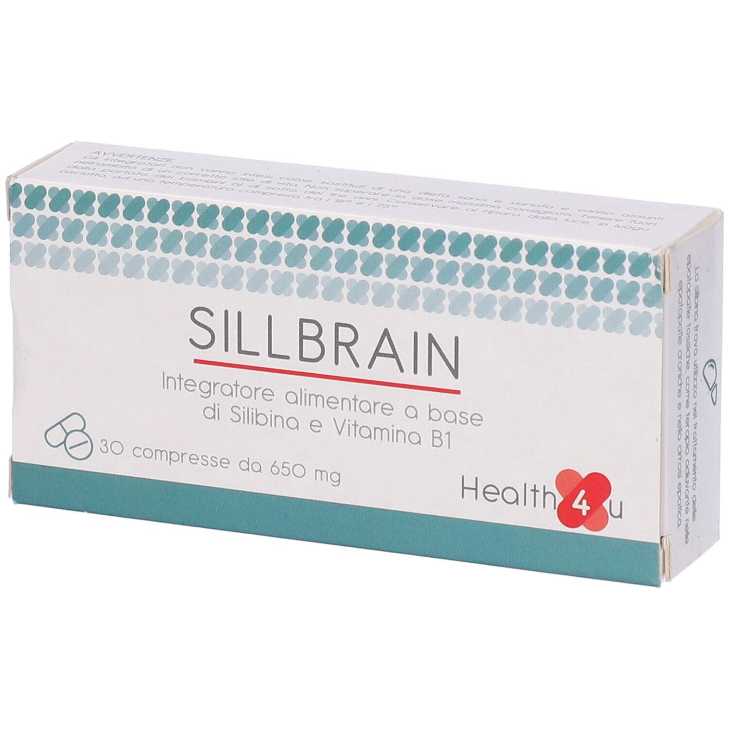 Scatola di integratore alimentare "SILLBRAIN". Contiene 30 compresse. Marchio "Health4u".