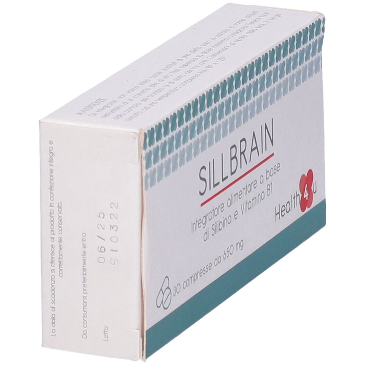 Scatola "SILLBRAIN" con 30 compresse. Marchio "Health4u". Visibile: data di scadenza 06/25.
