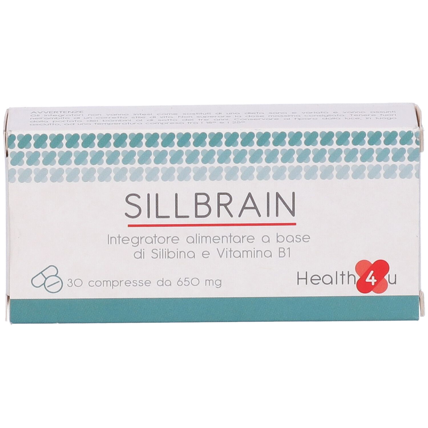 Scatola "SILLBRAIN" con 30 compresse. Marchio "Health4u". Scritta: Integratore alimentare a base di Silibina e Vitamina B1.