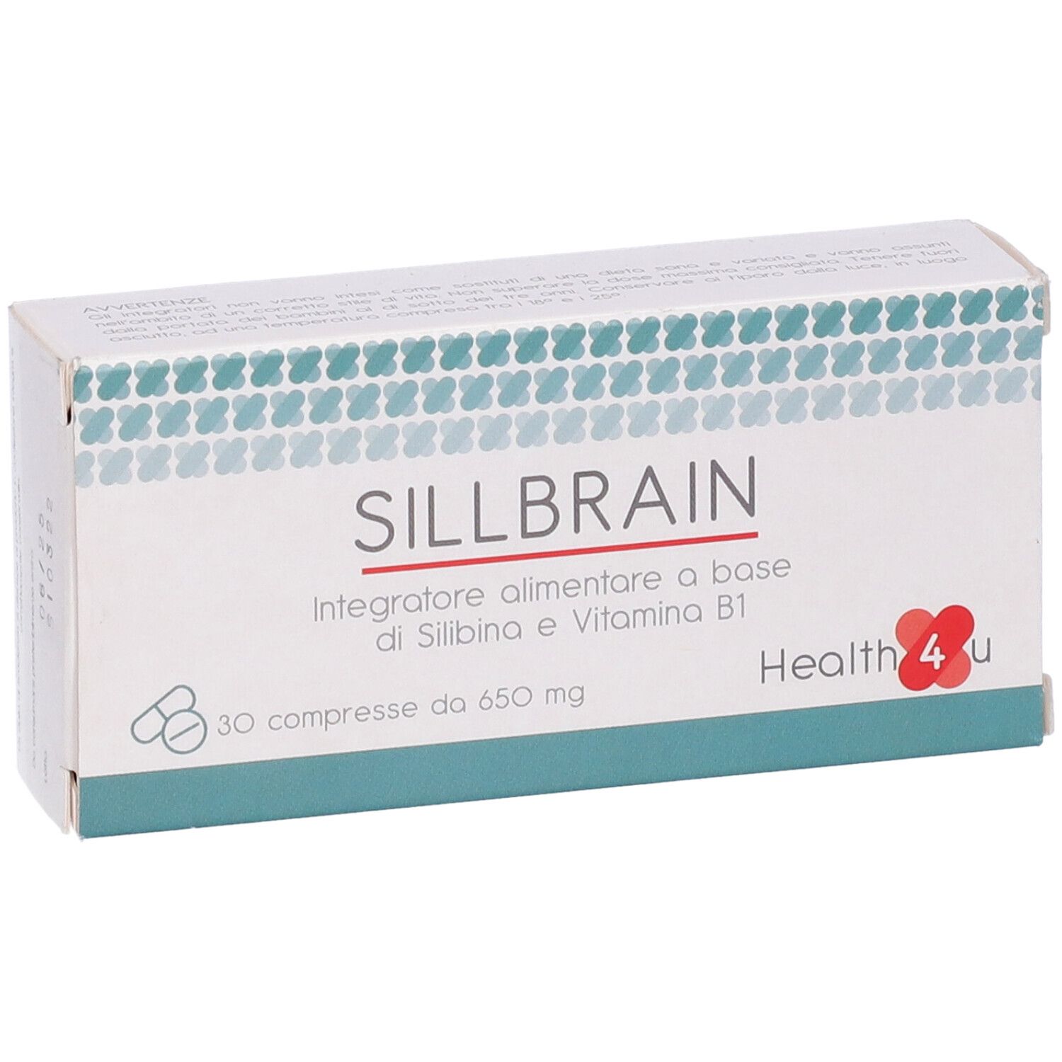 Scatola "SILLBRAIN" con 30 compresse. Marchio "Health4u". Scritta: Integratore alimentare a base di Silibina e Vitamina B1.