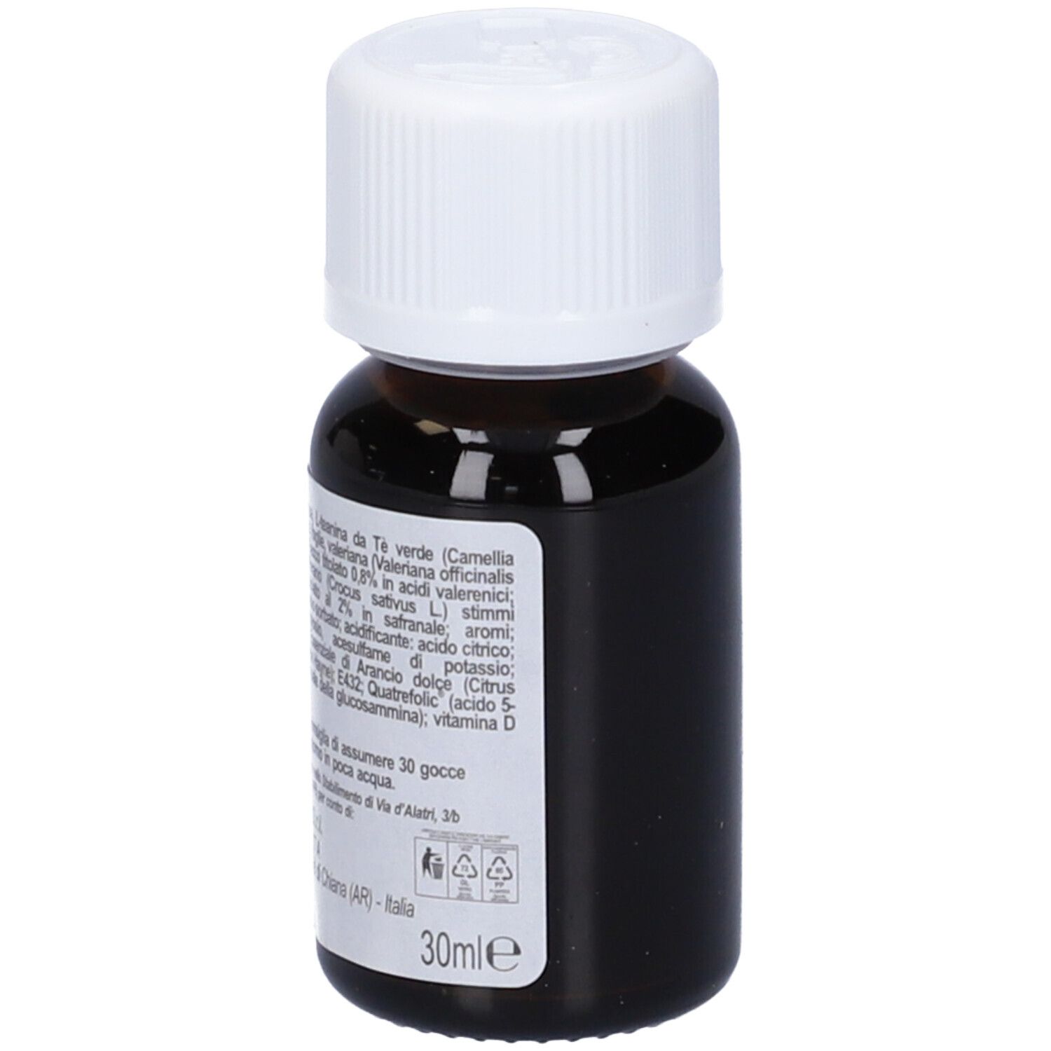 Flacone di vetro marrone con tappo bianco. Etichetta con ingredienti e logo. Volume: 30 ml.