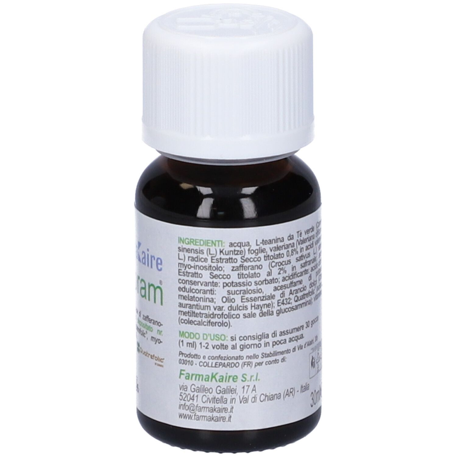 Flacone di vetro marrone con tappo bianco. Etichetta con ingredienti e logo. Volume: 30 ml. Informazioni produttore.