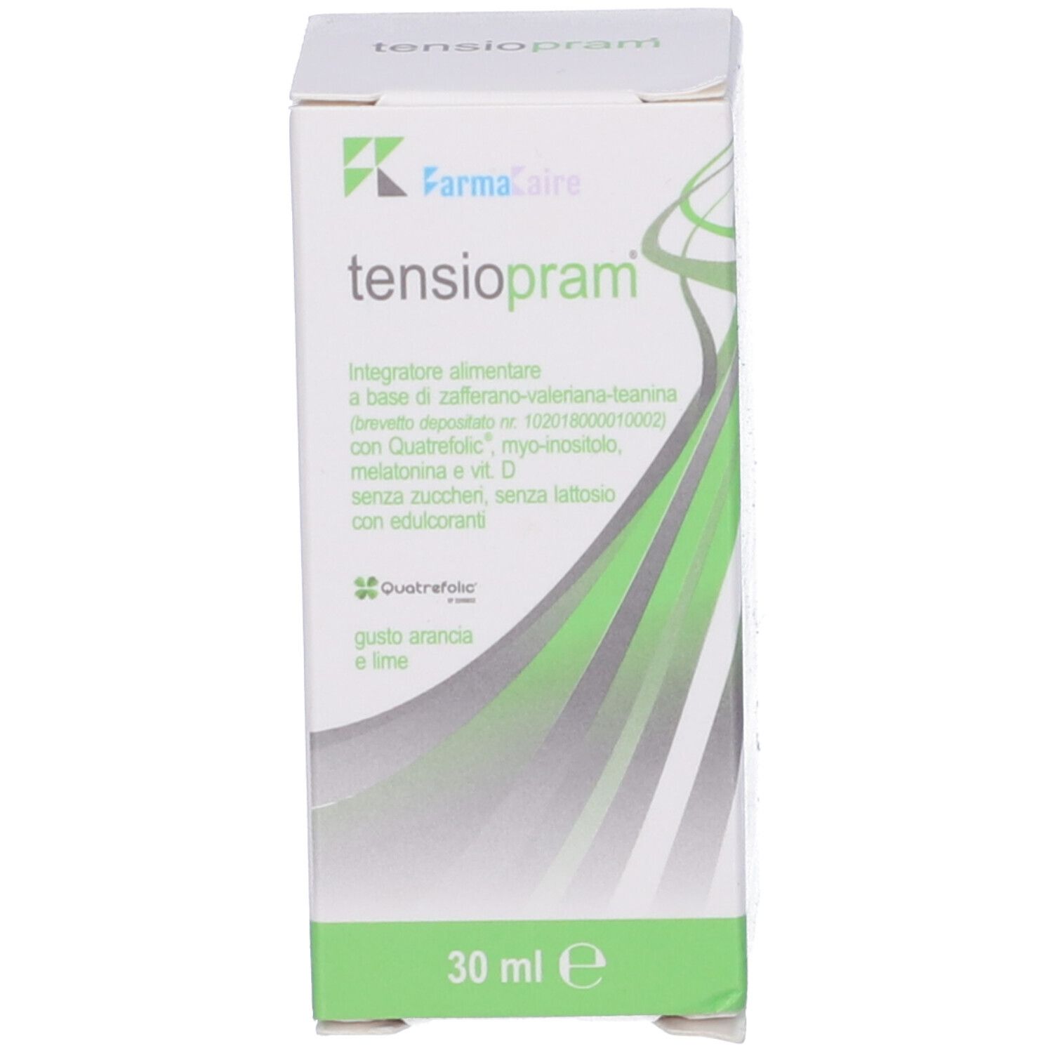Confezione con nome del prodotto e logo. Volume: 30 ml. Design verde e bianco.