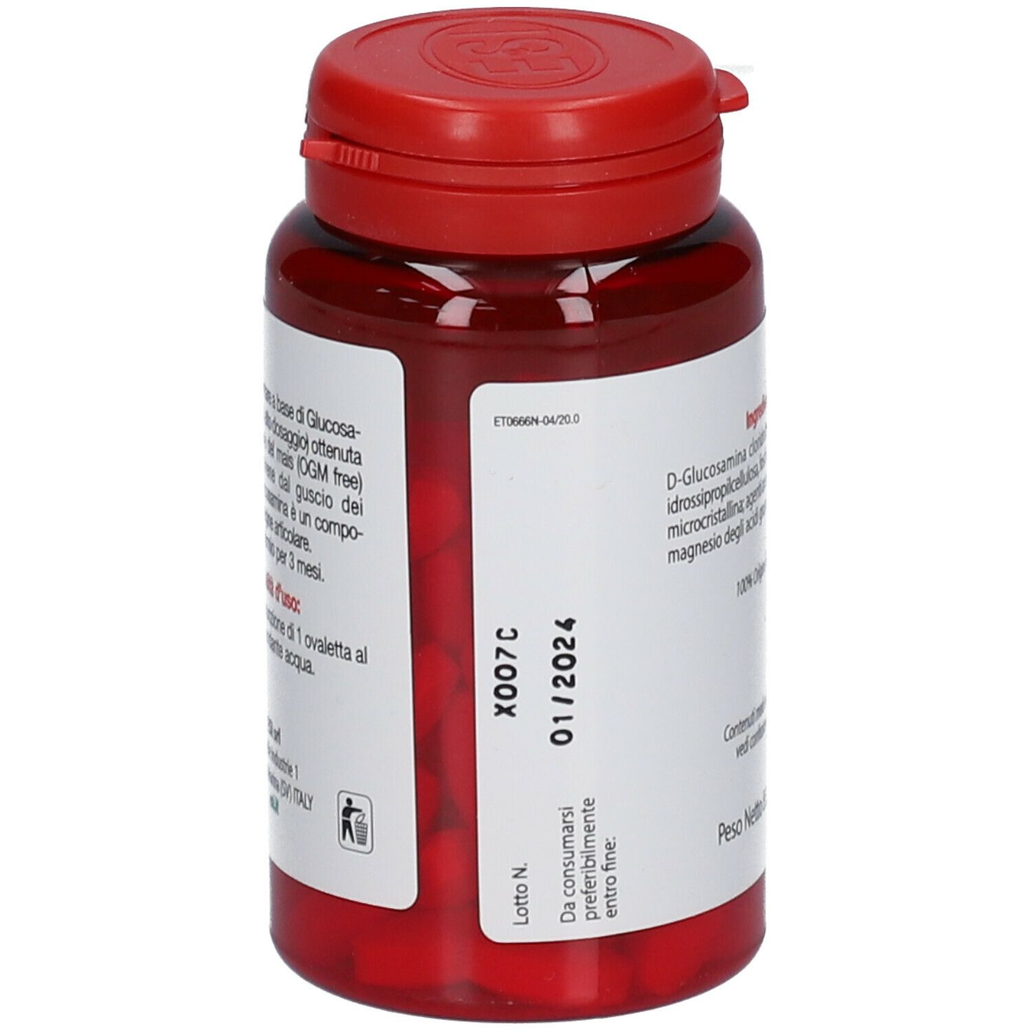 Flacon rouge, bouchon rouge. Étiquette avec date de péremption 01/2024 et numéro de lot.