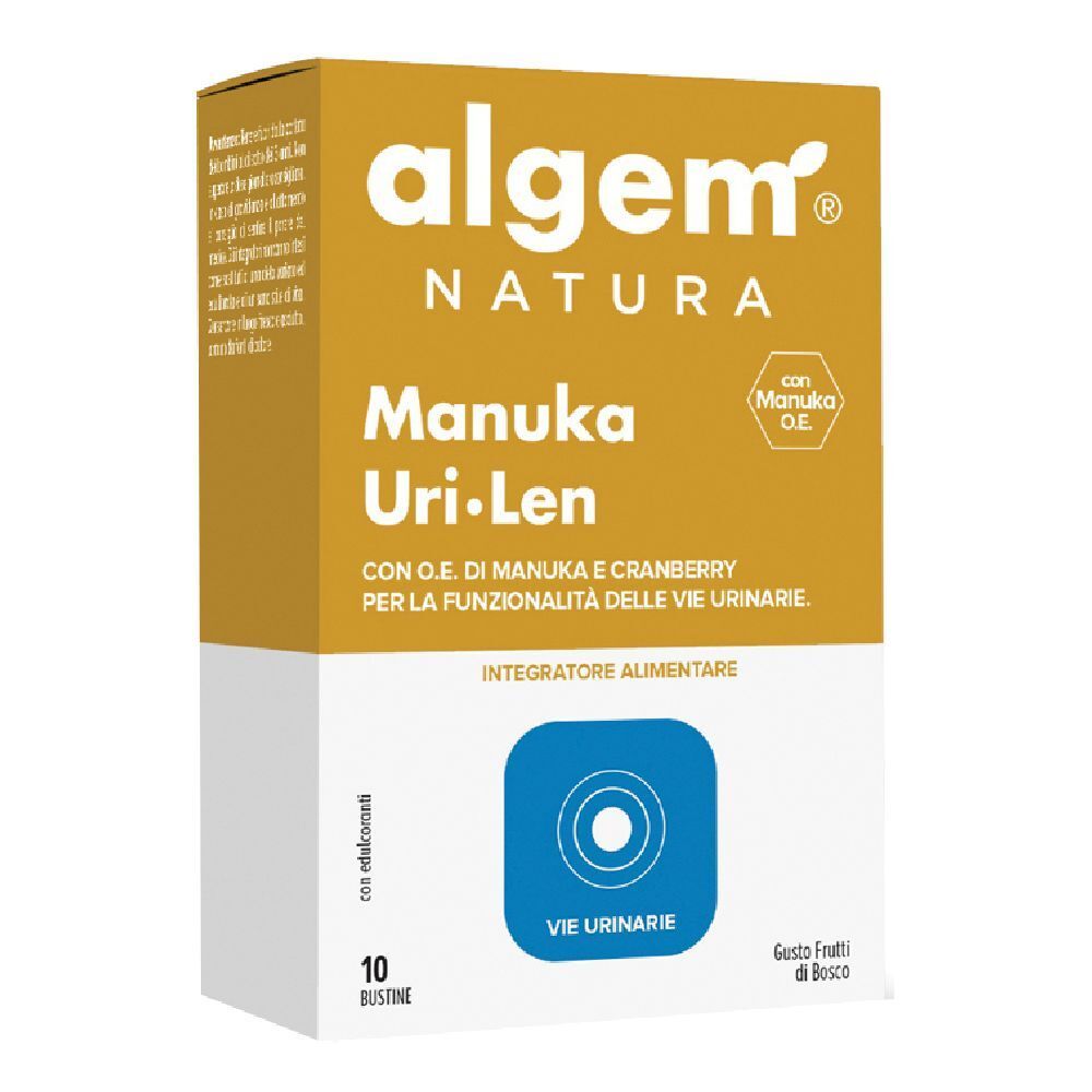 Scatola Algem Natura Manuka Uri-Len. Gialla e bianca, con logo e nome del prodotto. 10 bustine, gusto frutti di bosco.