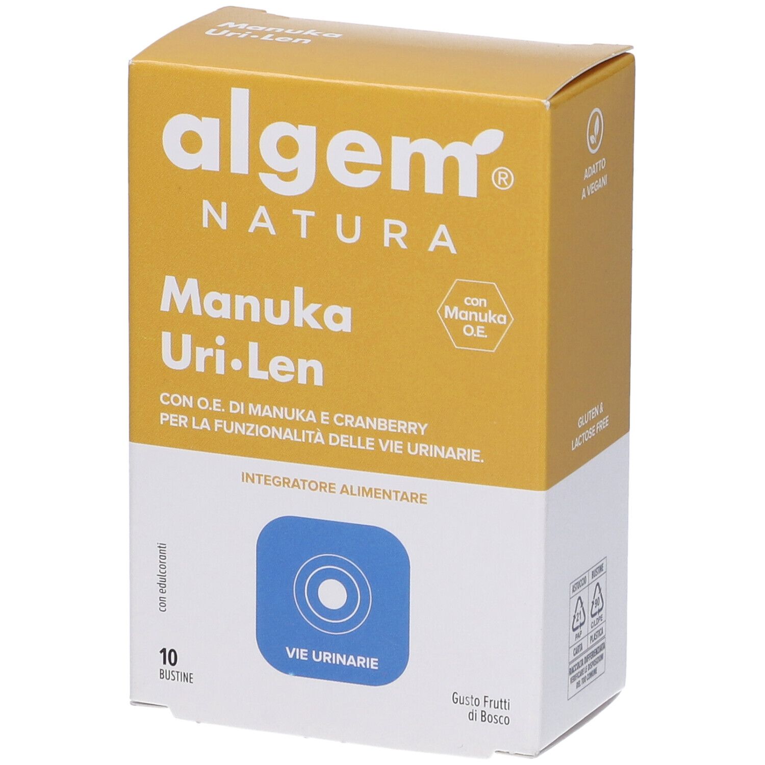 Scatola Algem Natura Manuka Uri-Len. Gialla e bianca, con logo e nome del prodotto. 10 bustine, gusto frutti di bosco.