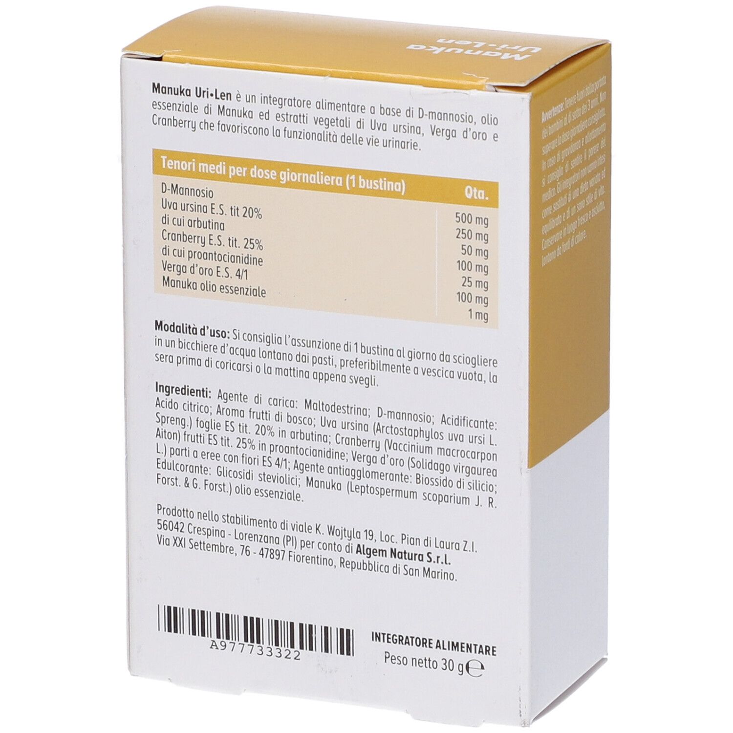 Retro della scatola Algem Natura Uri-Len. Ingredienti e istruzioni per l'uso. Peso: 30g. Indirizzo del produttore.