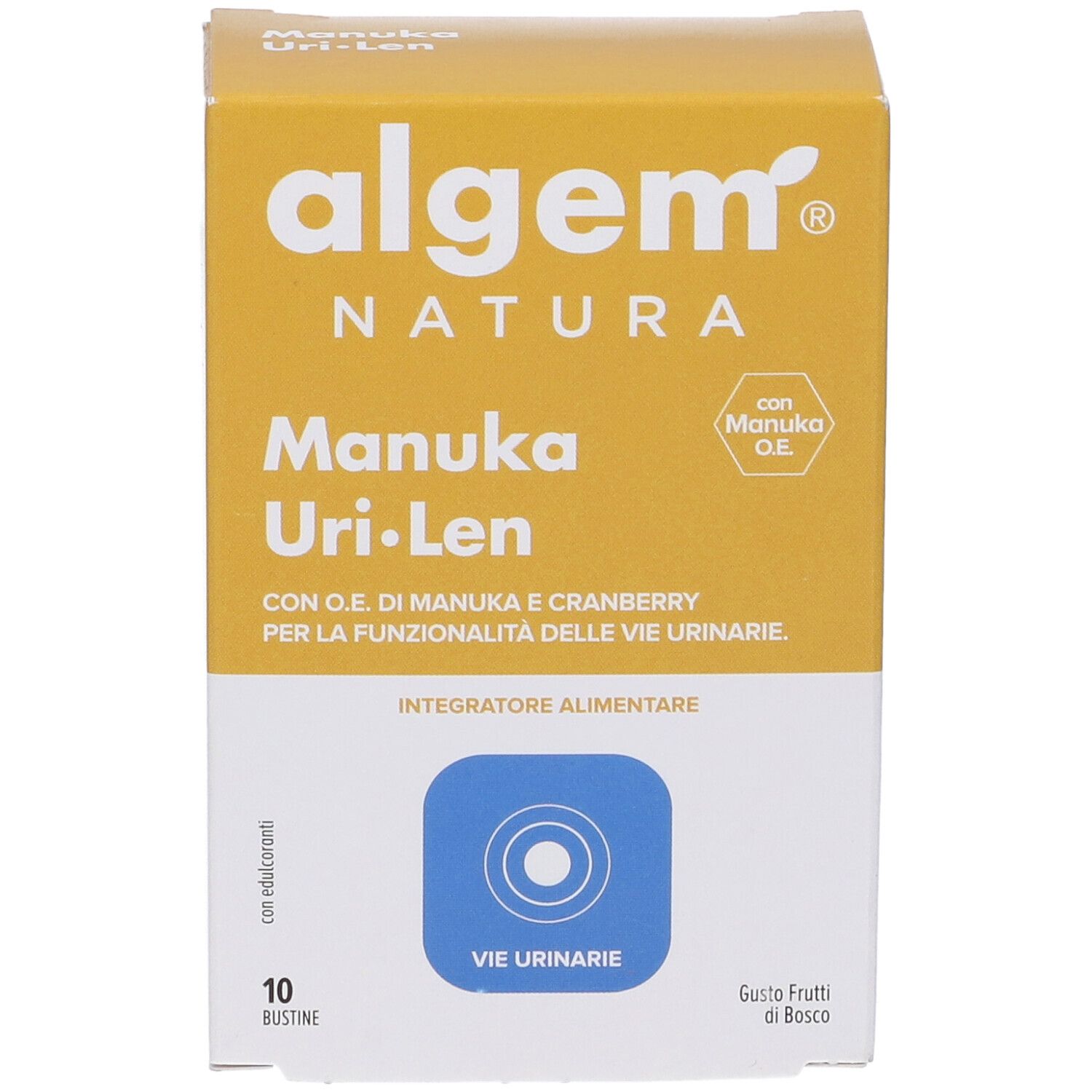Scatola Algem Natura Manuka Uri-Len. Gialla e bianca, con logo e nome del prodotto. 10 bustine, gusto frutti di bosco.