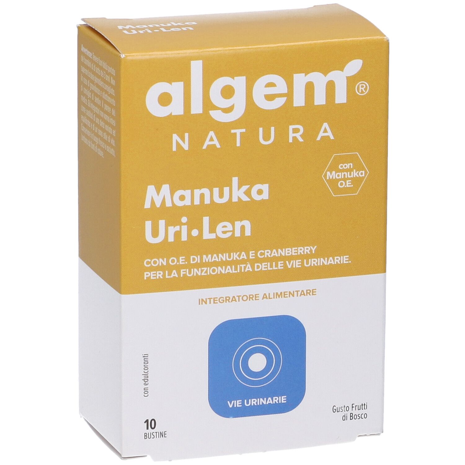 Scatola Algem Natura Manuka Uri-Len. Gialla e bianca, con logo e nome del prodotto. 10 bustine, gusto frutti di bosco.