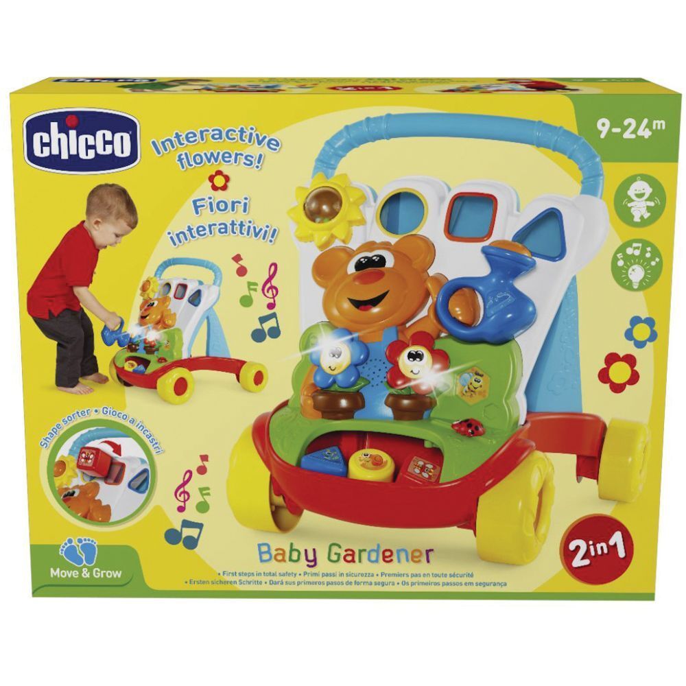Giocattolo Chicco Baby Giardiniere. Girello multicolore con fiori, orso e giocattoli. Confezione con logo e nome del prodotto.