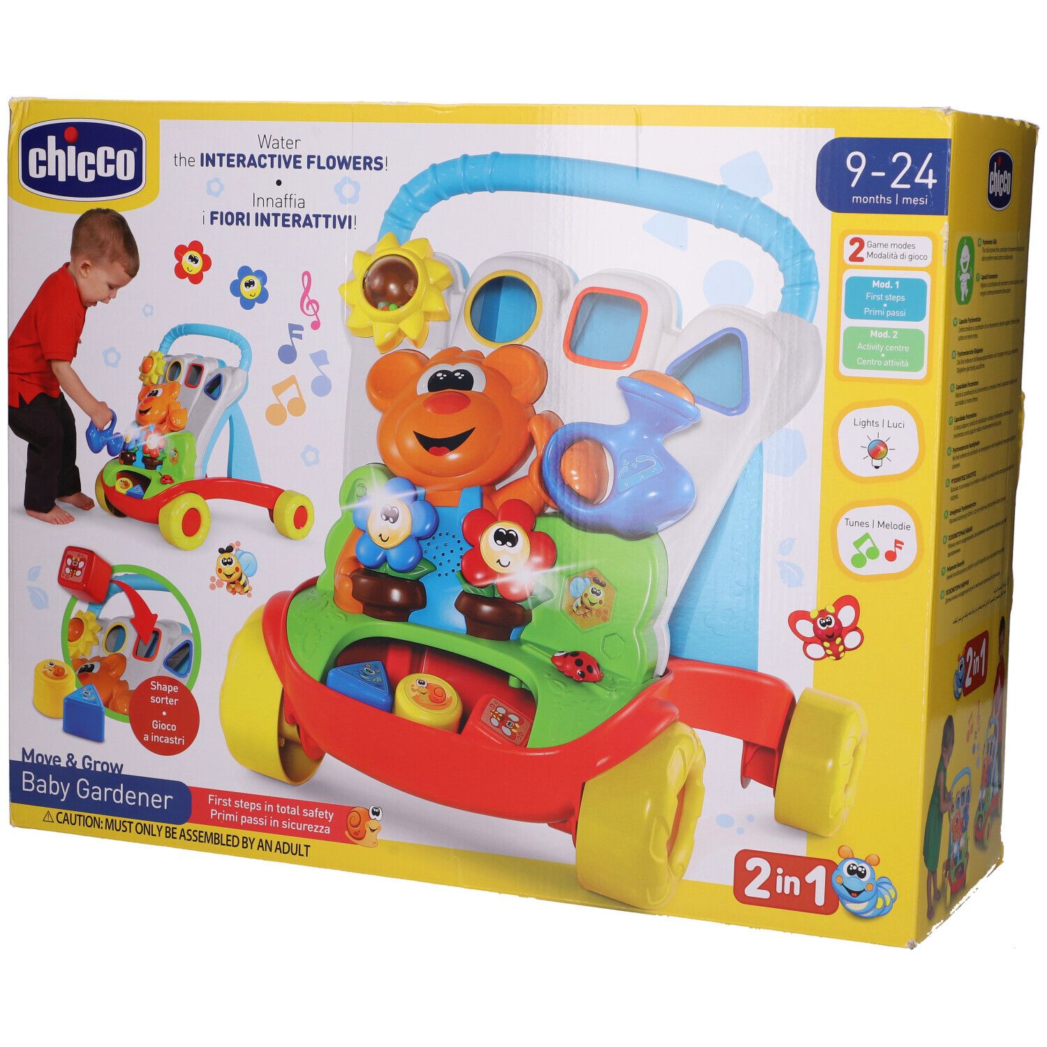 Giocattolo Chicco Baby Giardiniere. La confezione mostra il girello con fiori, orso e giocattoli. Logo e nome del prodotto visibili.