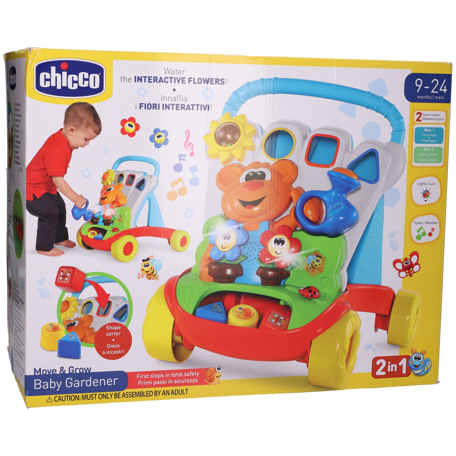 Giocattolo Chicco Baby Giardiniere. La confezione mostra il girello con fiori, orso e giocattoli. Logo e nome del prodotto visibili.