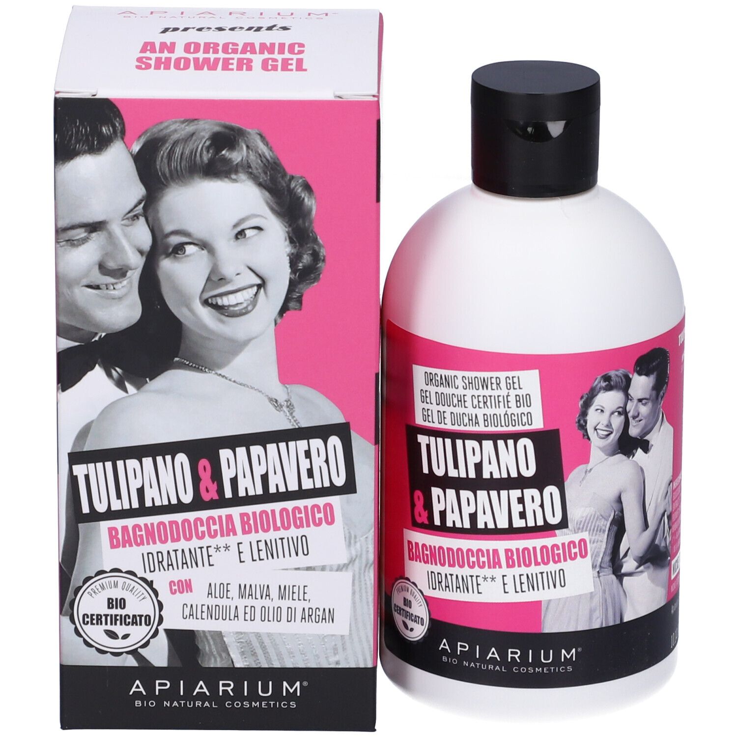 Flacone e scatola. Scritta: Tulipano & Papavero, Bagnodoccia Biologico. Certificazione bio. Immagine di una coppia.