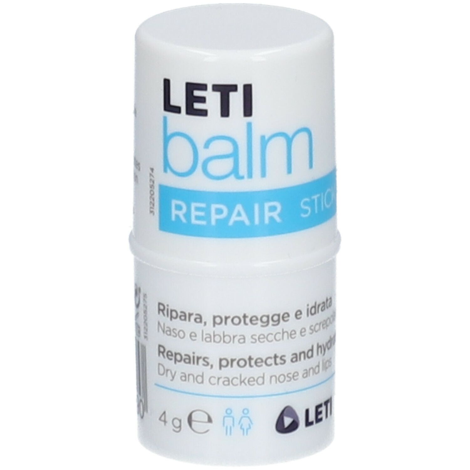 Stick cilindrico bianco e blu. Scritta: LETI balm REPAIR STICK. Contiene 4g. Protegge e idrata naso e labbra secche.