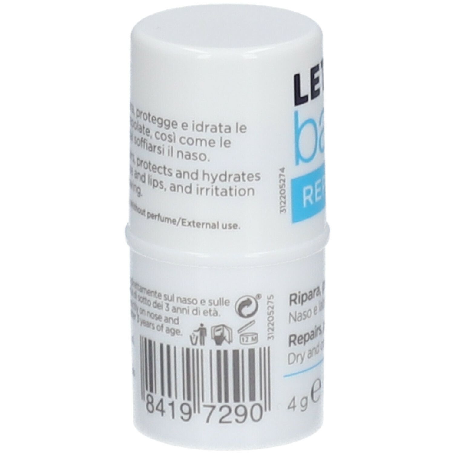 Stick bianco e blu. Scritta: LETI balm. Codice a barre e testo sul retro. Contiene 4g. Per naso e labbra secche.