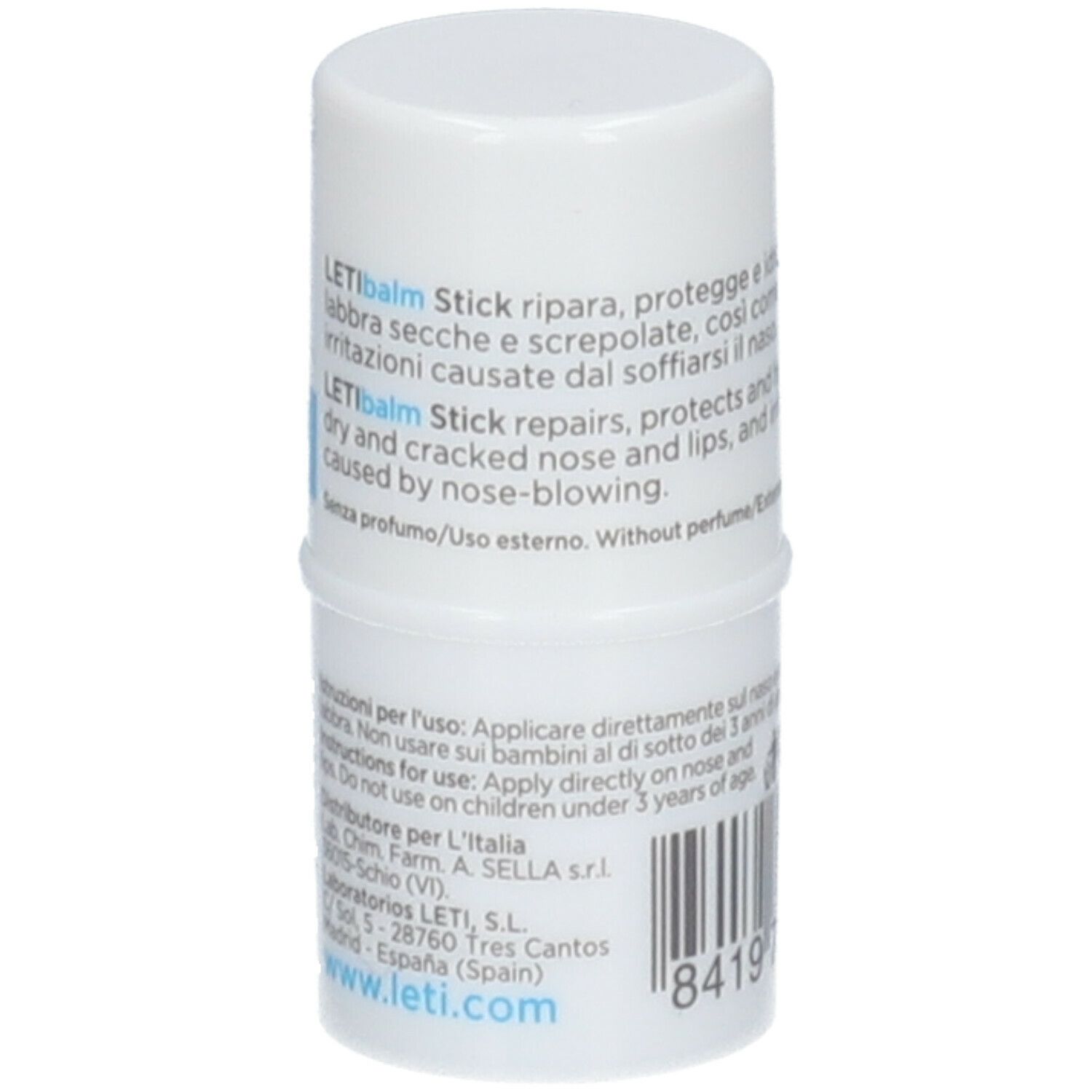 Stick bianco e blu. Scritta: LETI balm. Testo e codice a barre. Contiene 4g. Per naso e labbra secche. Senza profumo.