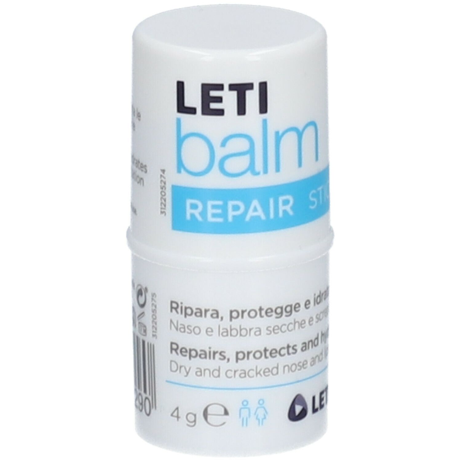 Stick cilindrico bianco e blu. Scritta: LETI balm REPAIR STICK. Contiene 4g. Protegge e idrata naso e labbra secche.