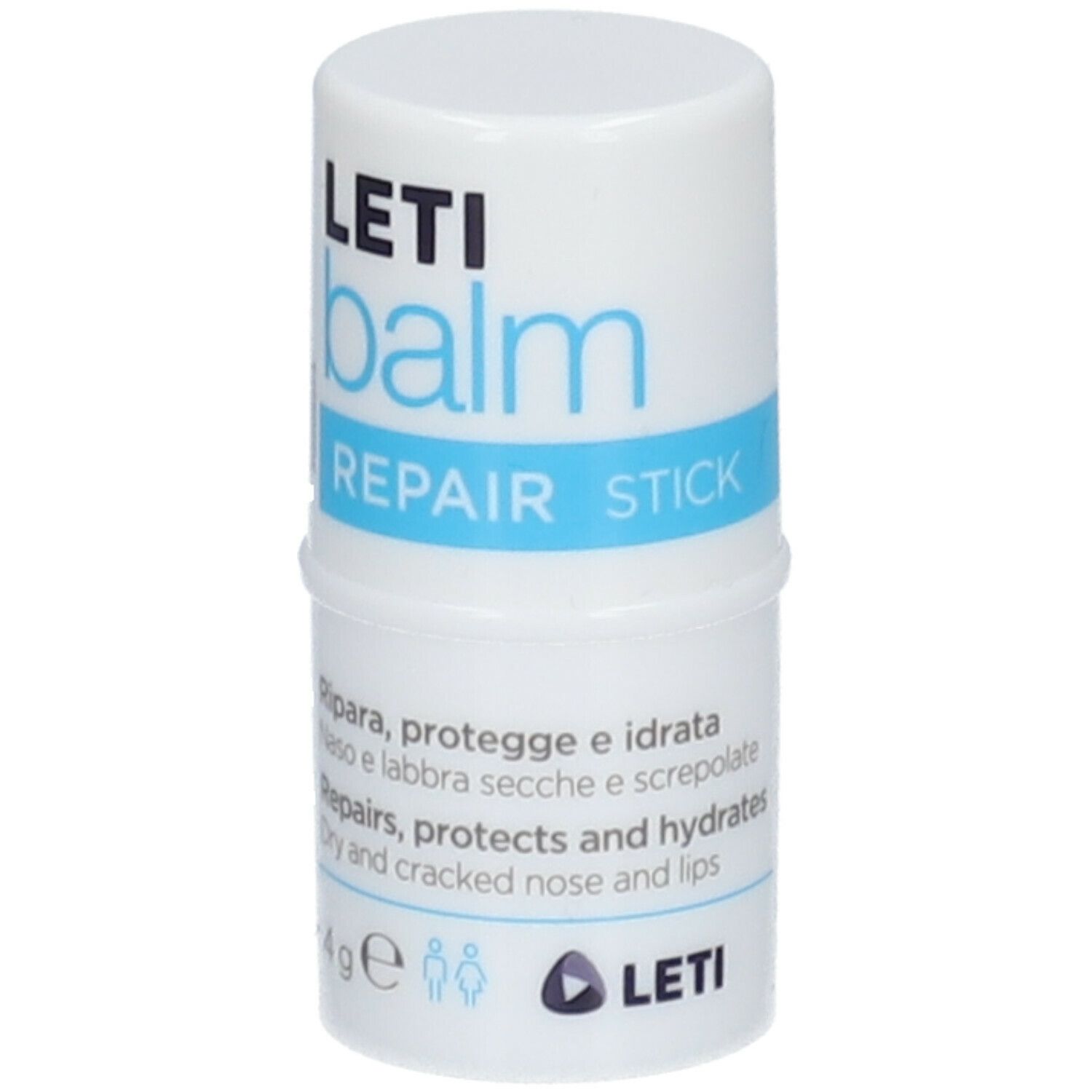 Stick cilindrico bianco e blu. Scritta: LETI balm REPAIR STICK. Contiene 4g. Protegge e idrata naso e labbra secche.