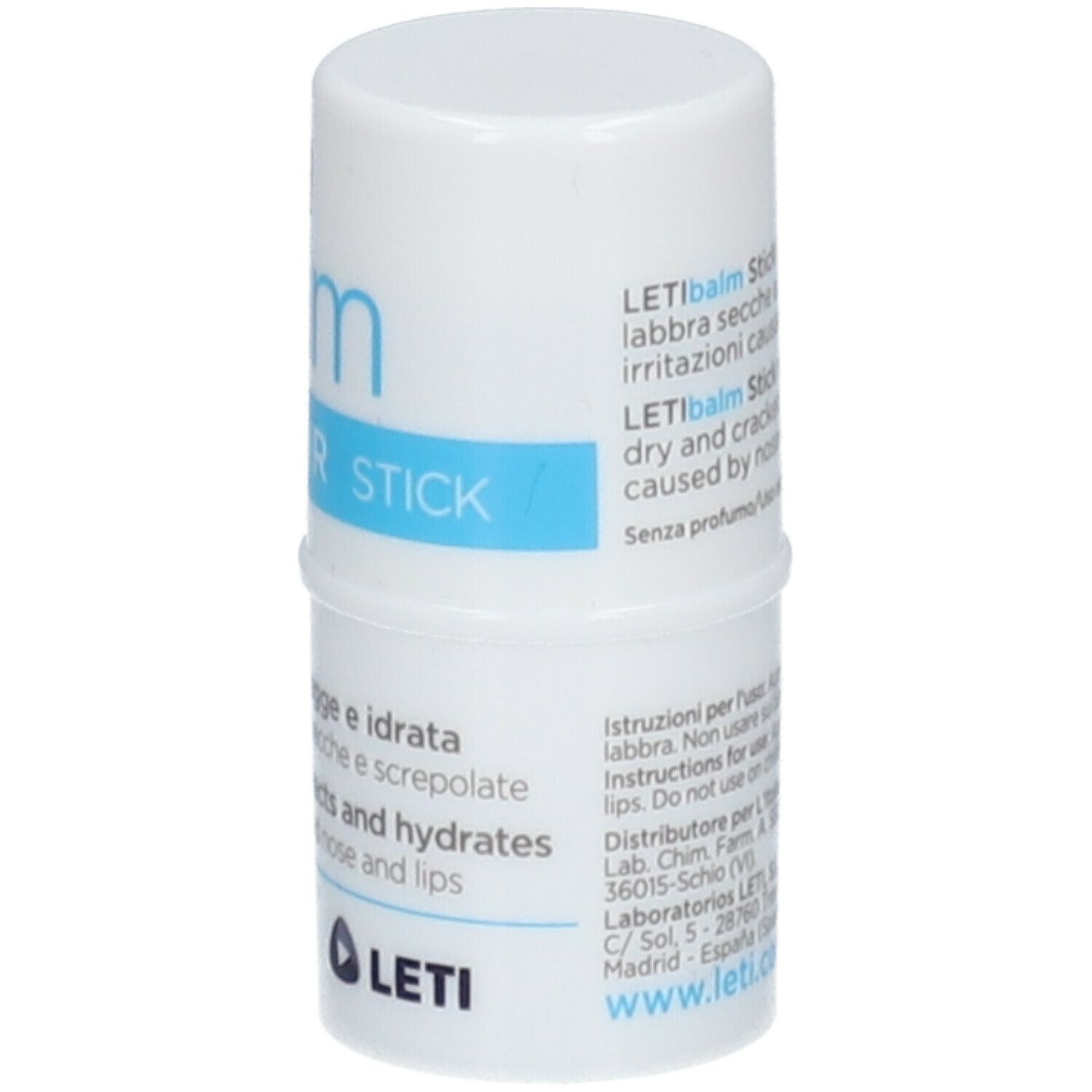 Stick bianco e blu. Scritta: LETI balm REPAIR STICK. Contiene 4g. Per naso e labbra secche. Senza profumo.