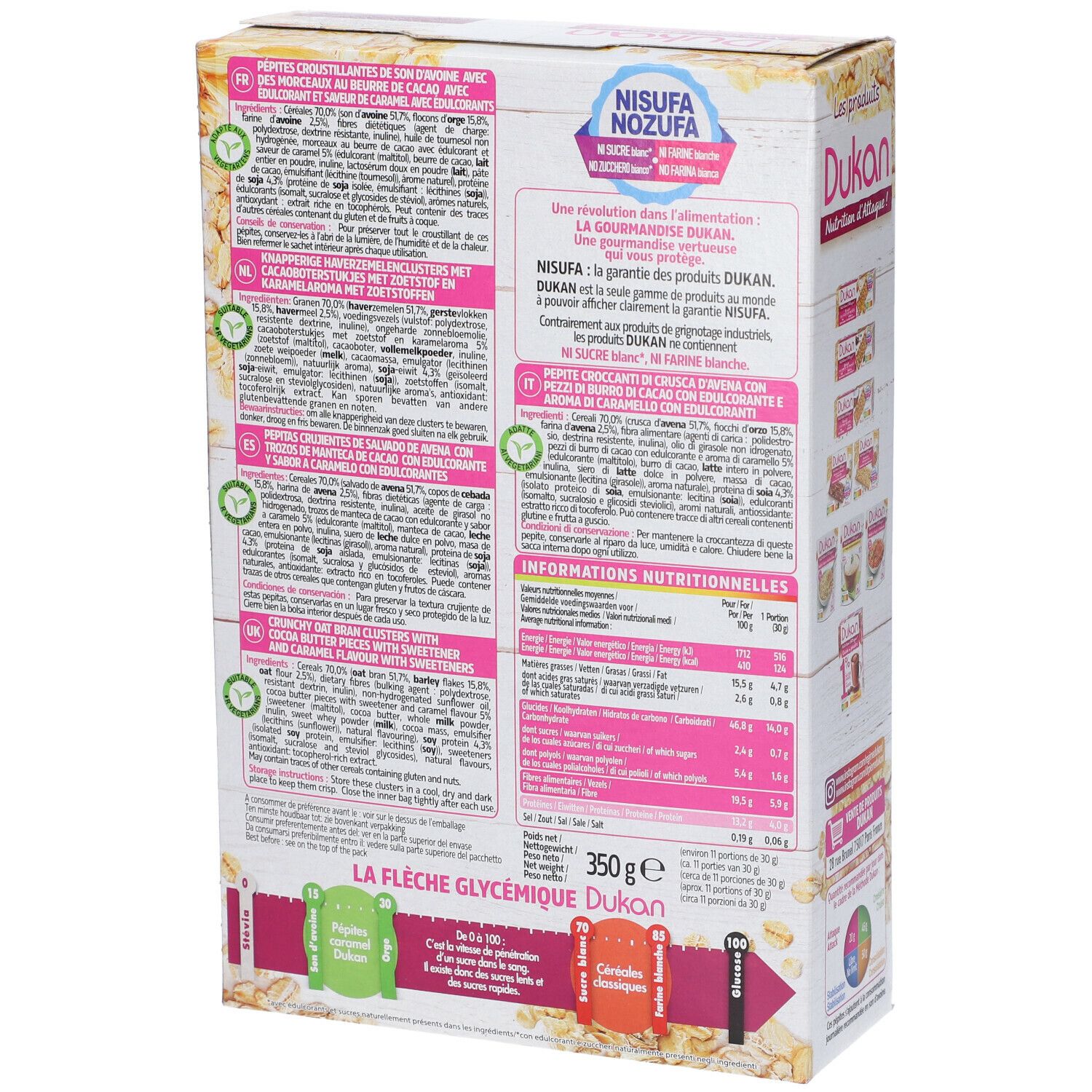 Retro della confezione Dukan Pepite Gusto Caramello. Testo multilingue. Contiene informazioni nutrizionali e liste ingredienti.