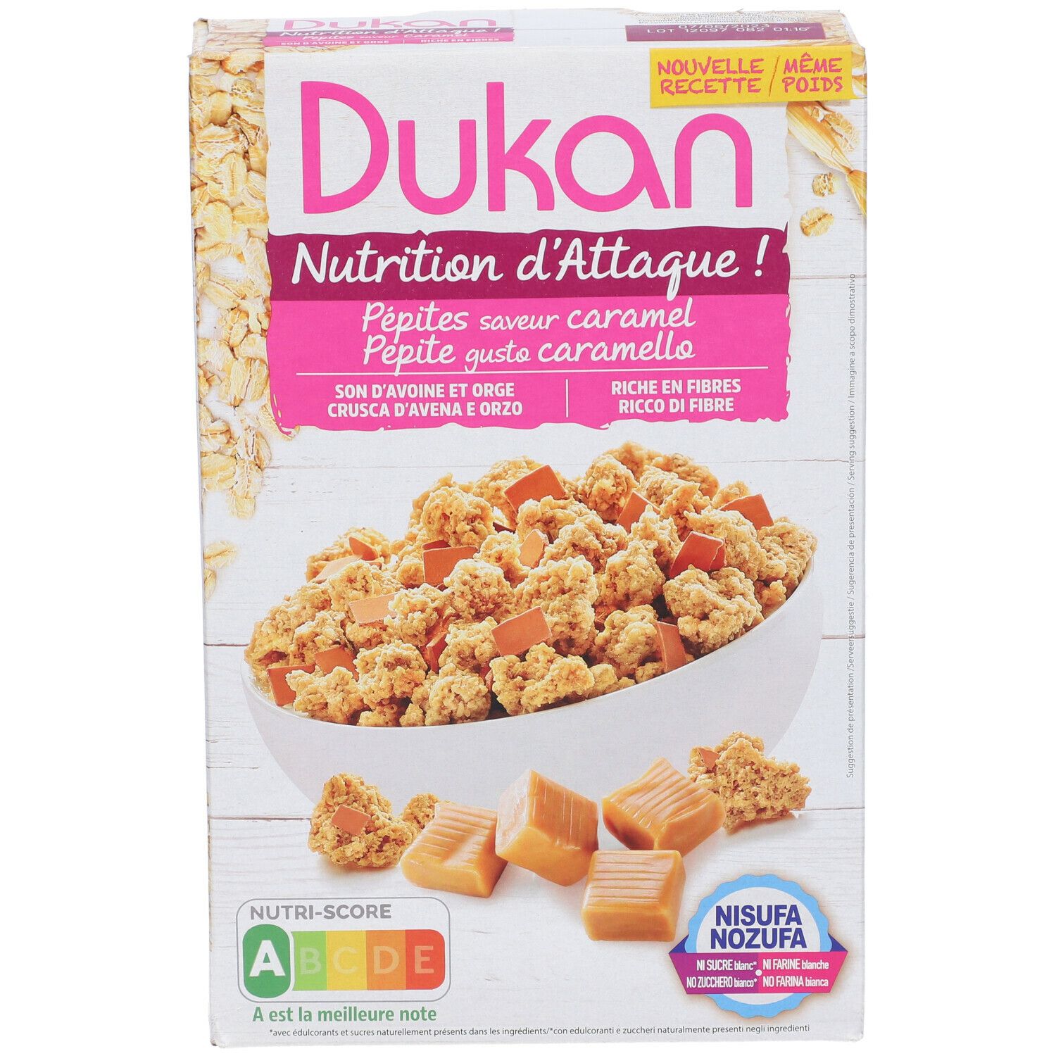 Confezione di Dukan Pepite Gusto Caramello. Etichetta rosa con nome e immagine del prodotto. Contiene pezzi di caramello.