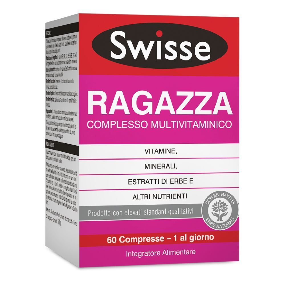 Swisse Ragazza complesso multivitaminico. Confezione rosa e bianca. 60 compresse. Contiene vitamine, minerali ed estratti di erbe.