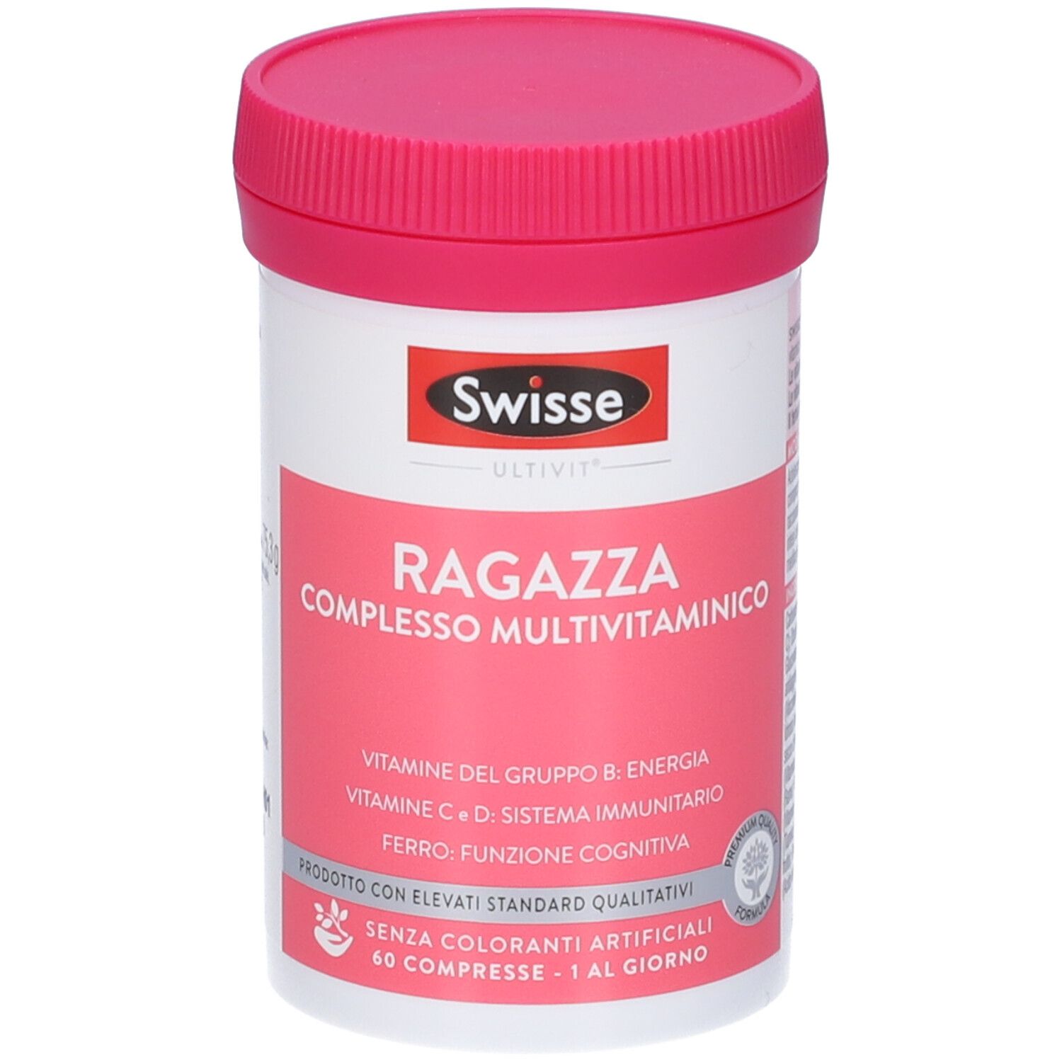 Swisse Ultivit Ragazza complesso multivitaminico. Barattolo bianco, coperchio rosa. 60 compresse. Contiene vitamine e minerali.