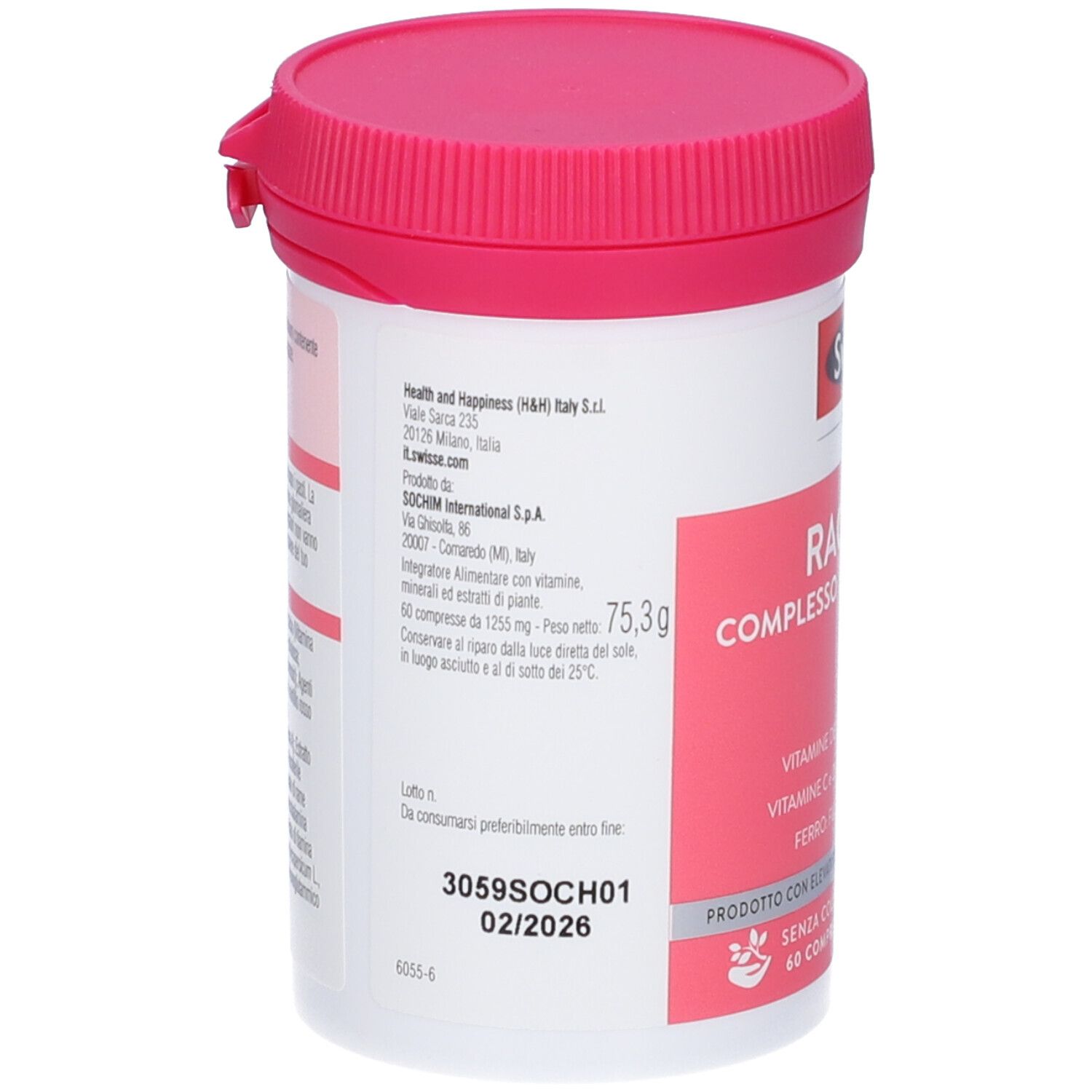 Retro del flacone Swisse Ragazza. Informazioni su ingredienti, peso e scadenza.