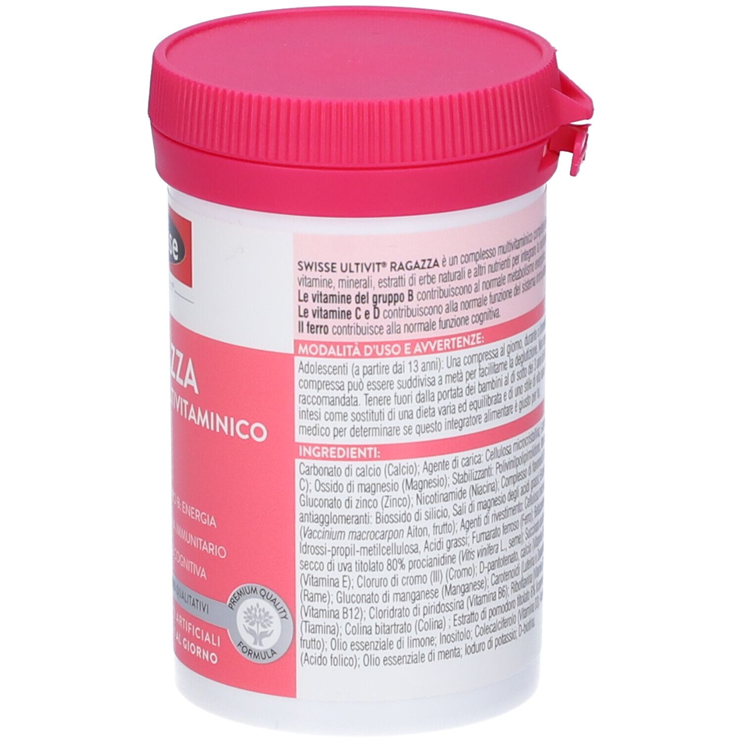 Swisse Ultivit Ragazza complesso multivitaminico. Flacone con coperchio rosa. Contiene vitamine, minerali e altri ingredienti.