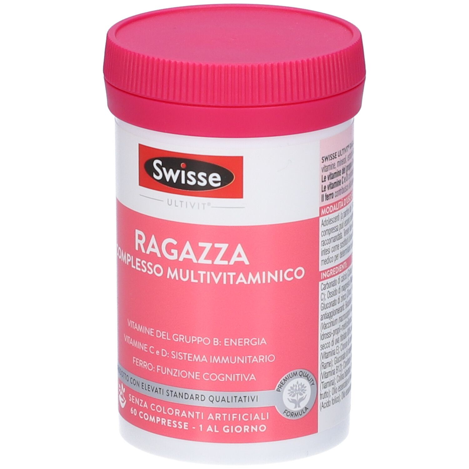 Swisse Ultivit Ragazza complesso multivitaminico. Flacone bianco, coperchio rosa. 60 compresse. Contiene vitamine e minerali.