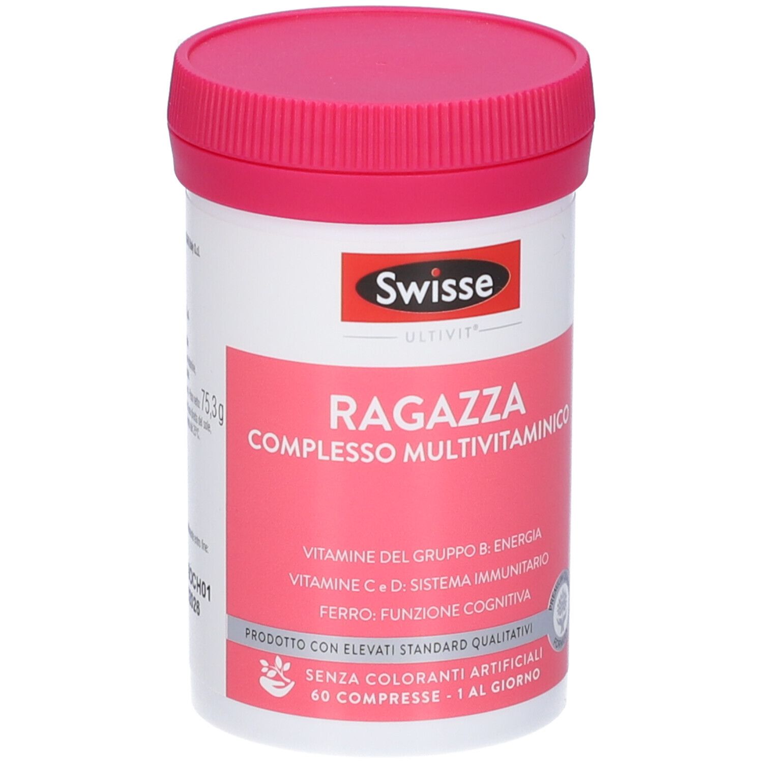Swisse Ultivit Ragazza complesso multivitaminico. Flacone bianco, coperchio rosa. 60 compresse. Contiene vitamine e minerali.