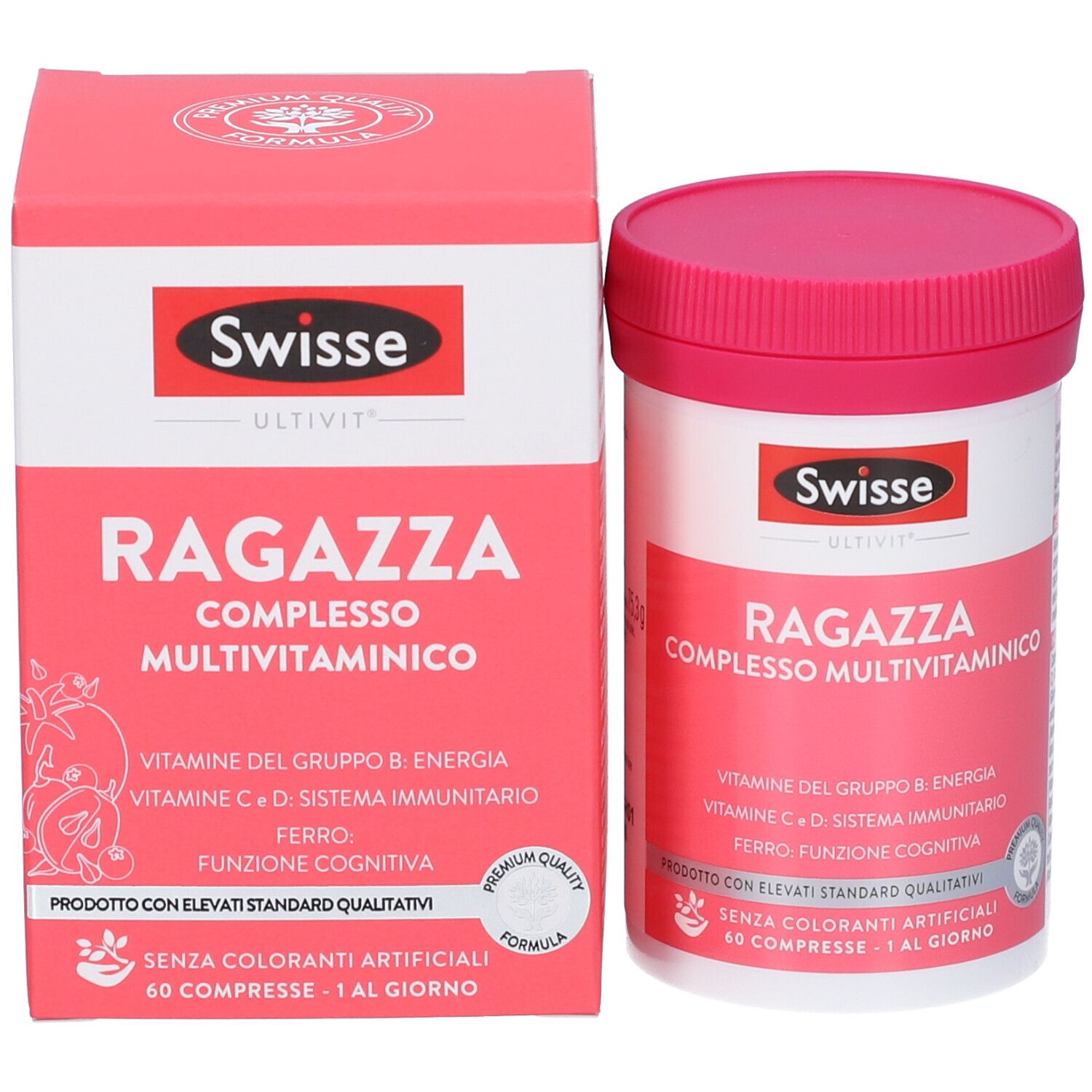 Swisse Ultivit Ragazza complesso multivitaminico. Scatola e flacone. 60 compresse. Contiene vitamine e minerali.