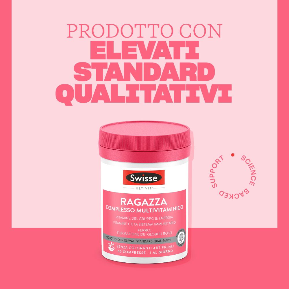 Flasche mit Multivitaminpräparat für junge Frauen, mit Qualitätszertifikat.
