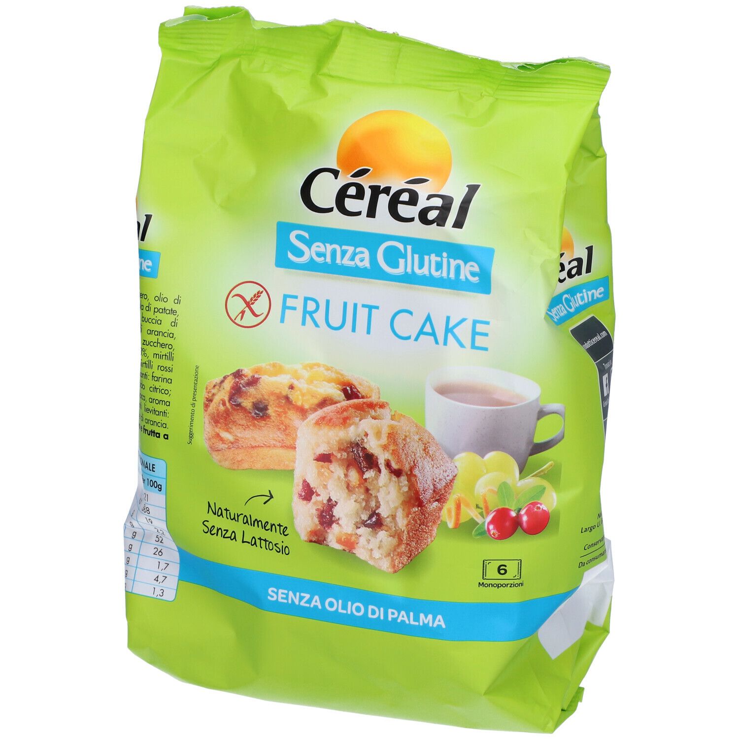 Confezione verde Céréal Senza Glutine Fruit Cake. Immagini di torta, tazza, frutta. Senza glutine, senza lattosio, senza olio di palma.