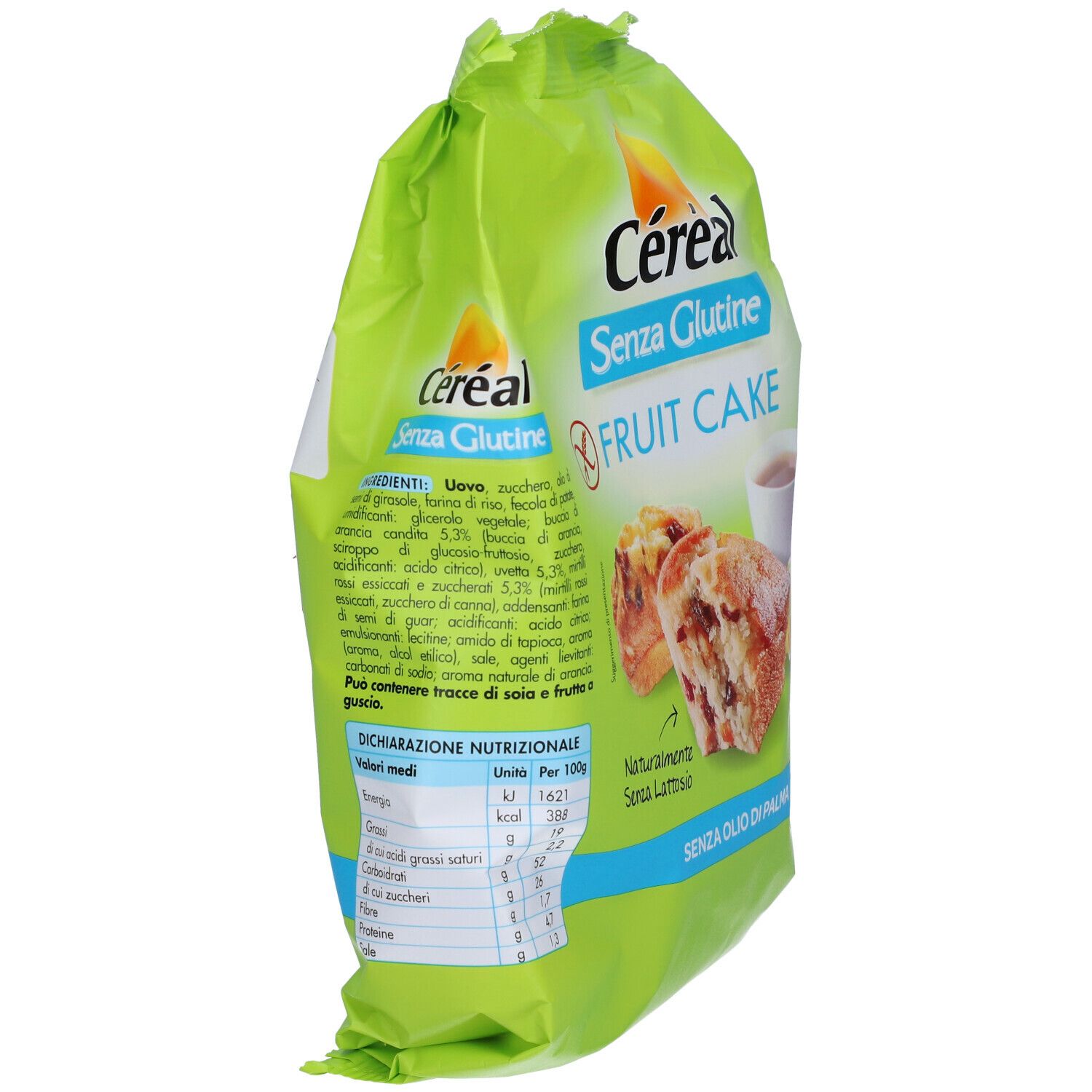 Retro confezione verde Céréal Senza Glutine Fruit Cake. Elenco ingredienti e informazioni nutrizionali. Senza glutine, senza lattosio, senza olio di palma.