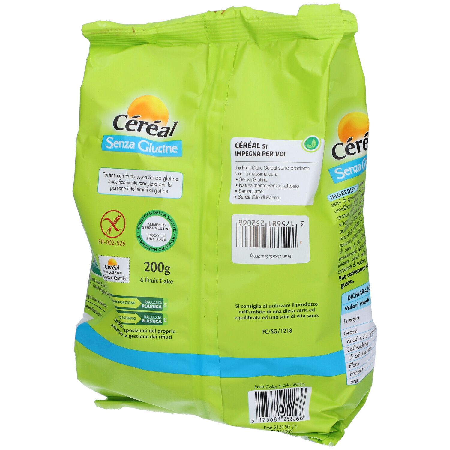 Retro confezione verde Céréal Senza Glutine Fruit Cake. Testo, codice a barre, logo senza glutine. 200g, 6 torte.